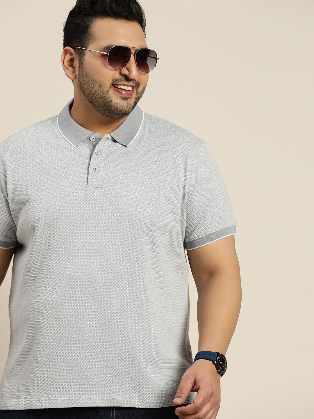 

Sztori Men Plus Size Grey Polo Collar Self-Design Pure Cotton T-shirt