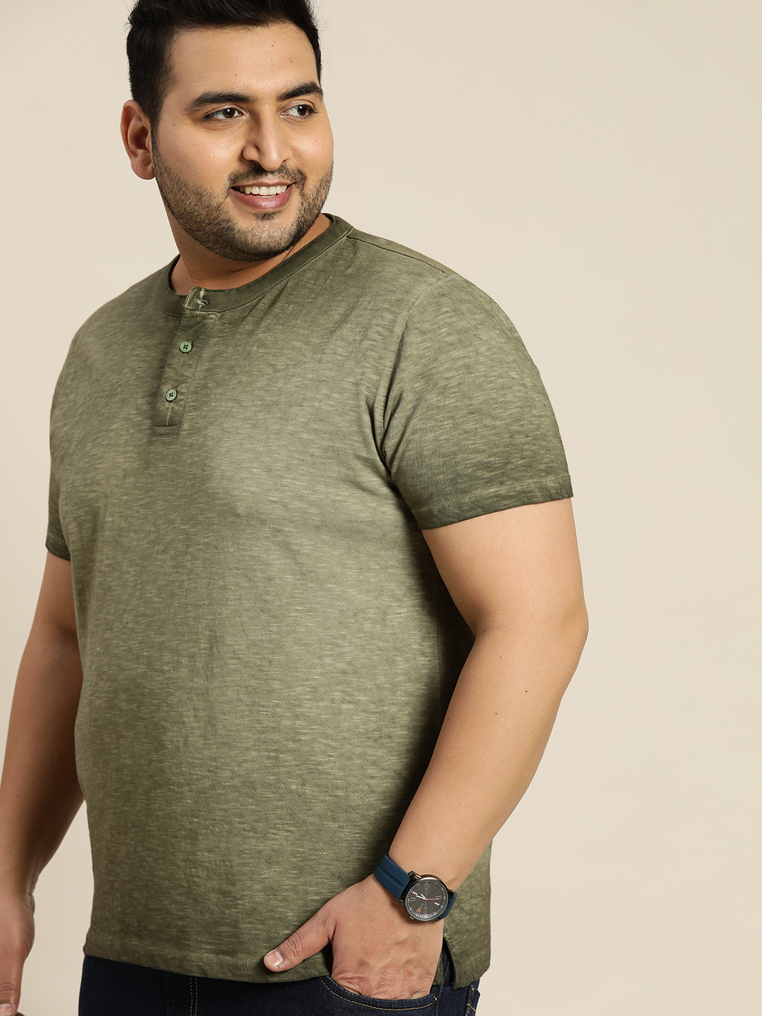 

Sztori Men Plus Size Olive Green Melange Henley Neck Pure Cotton T-shirt