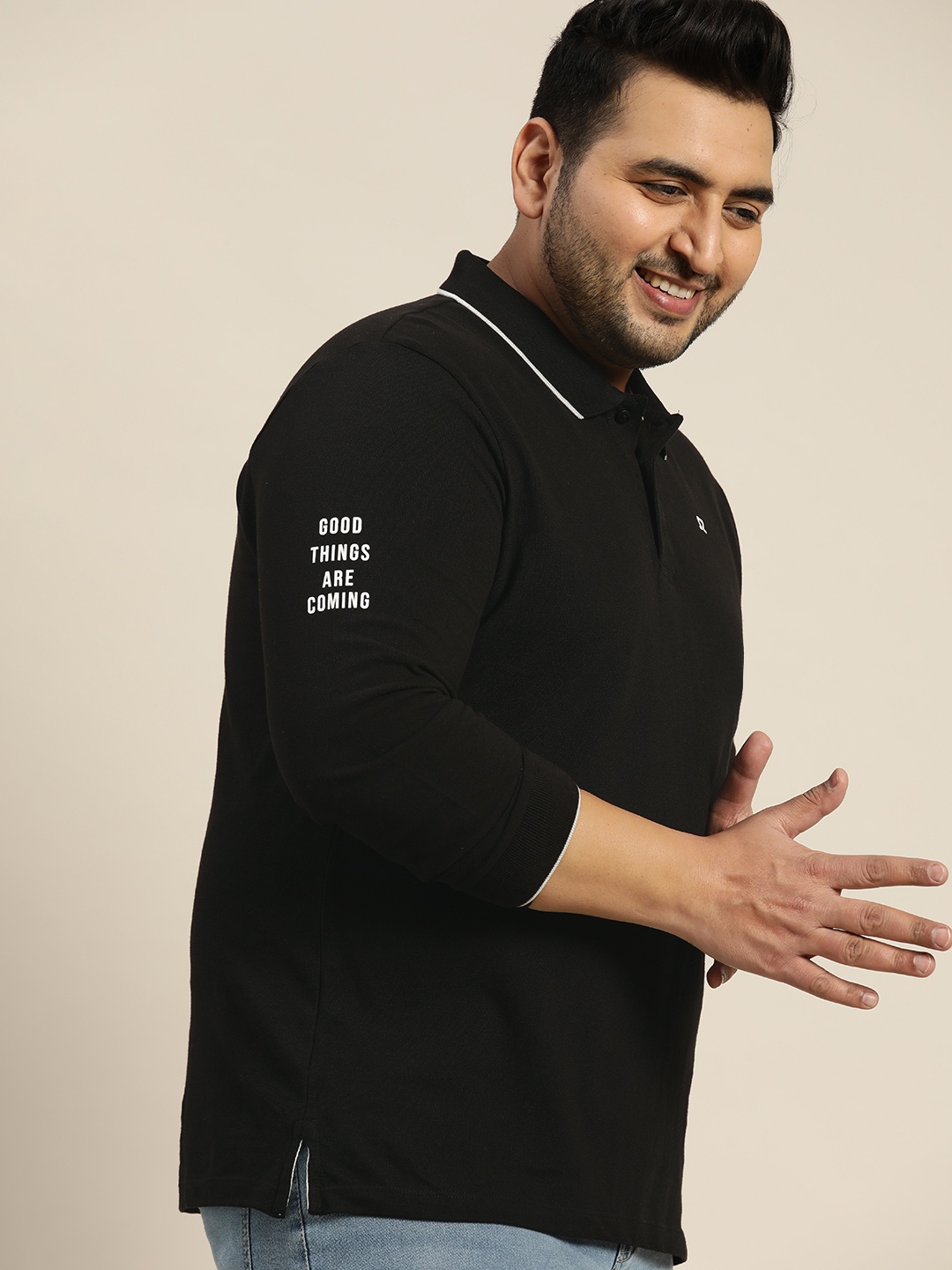 Sztori Men Plus Size Black Solid Polo Collar Pure Cotton T-shirt