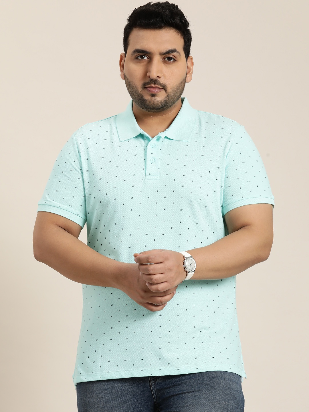 Sztori Plus Size Printed Polo Collar Cotton T-shirt, Sea green