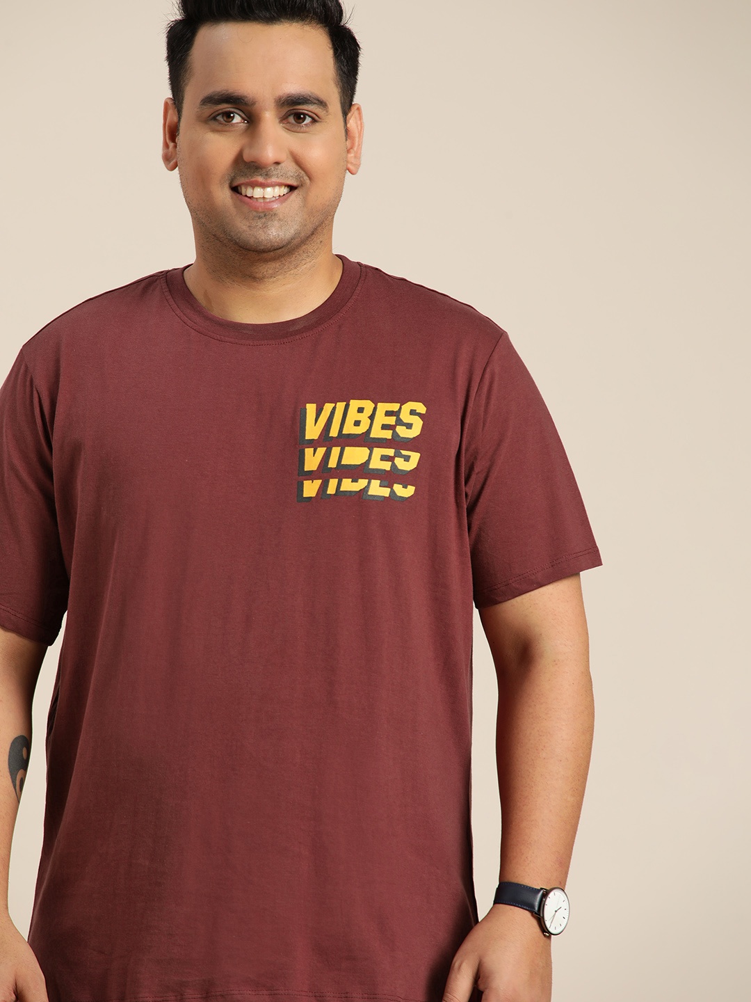 

Sztori Men Plus Size Burgundy Typography Printed Pure Cotton T-shirt
