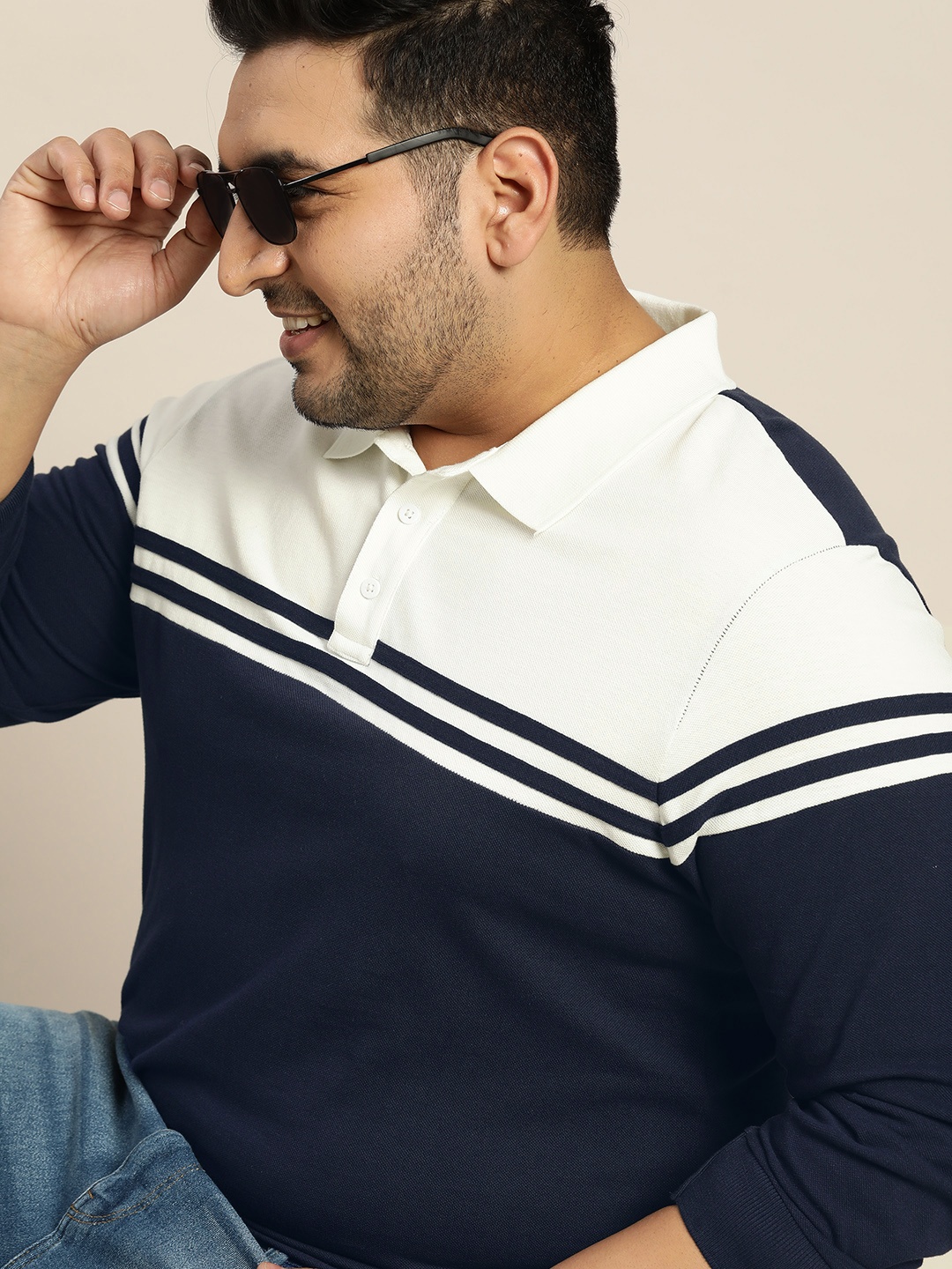 

Sztori Men Plus Size Navy Blue & White Colourblocked Polo Collar Pure Cotton T-shirt
