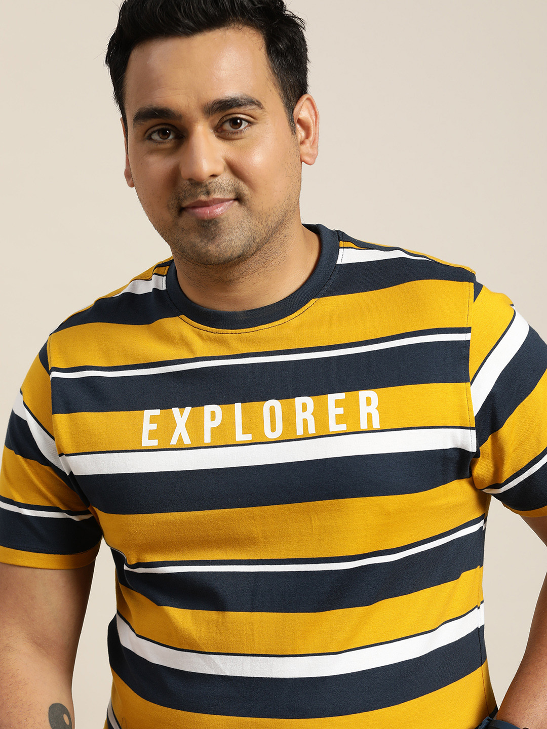 

Sztori Men Plus Size Mustard Yellow & Navy Blue Striped Pure Cotton T-shirt