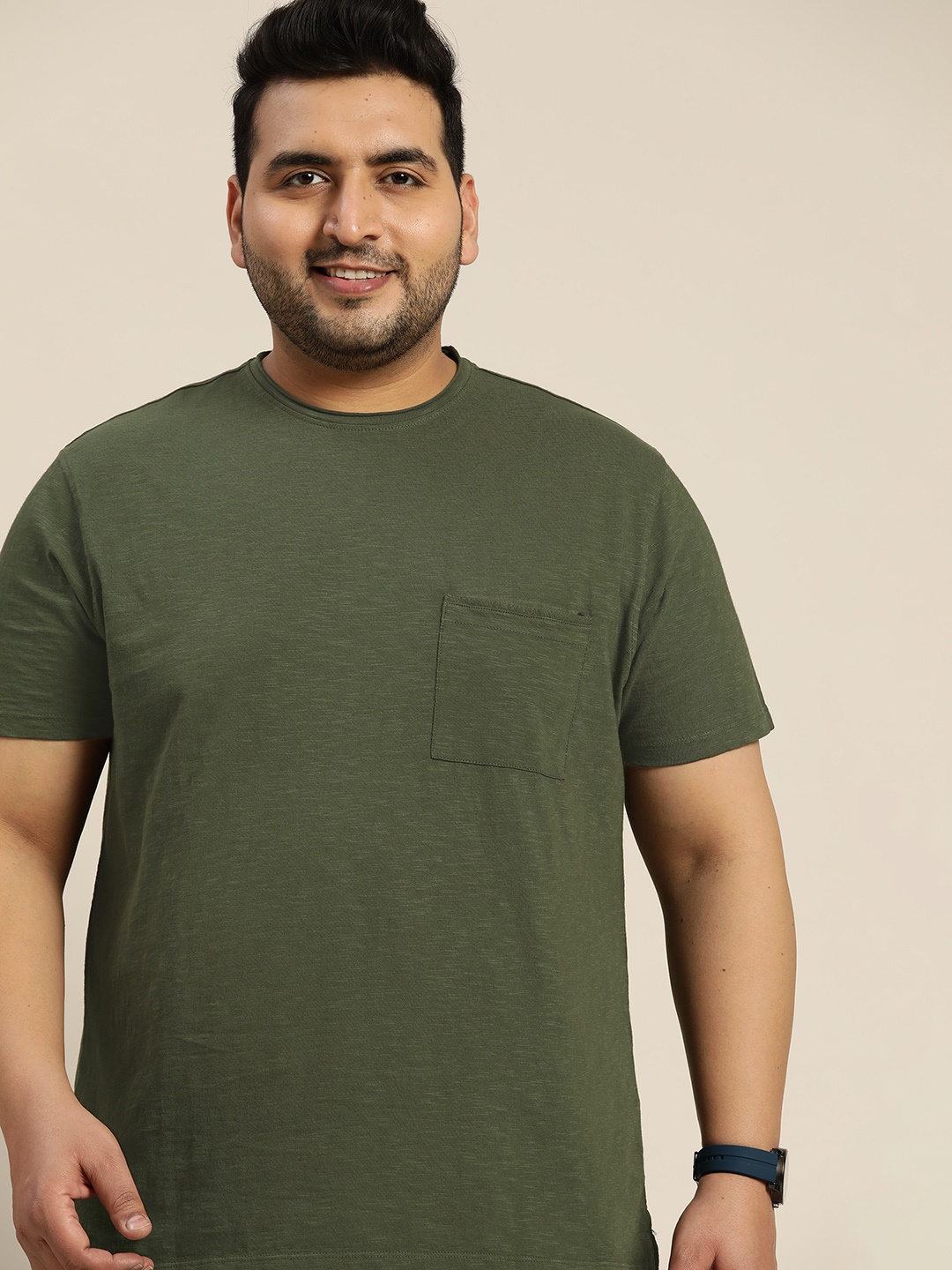 

Sztori Men Plus Size Olive Green Melange Pure Cotton T-shirt