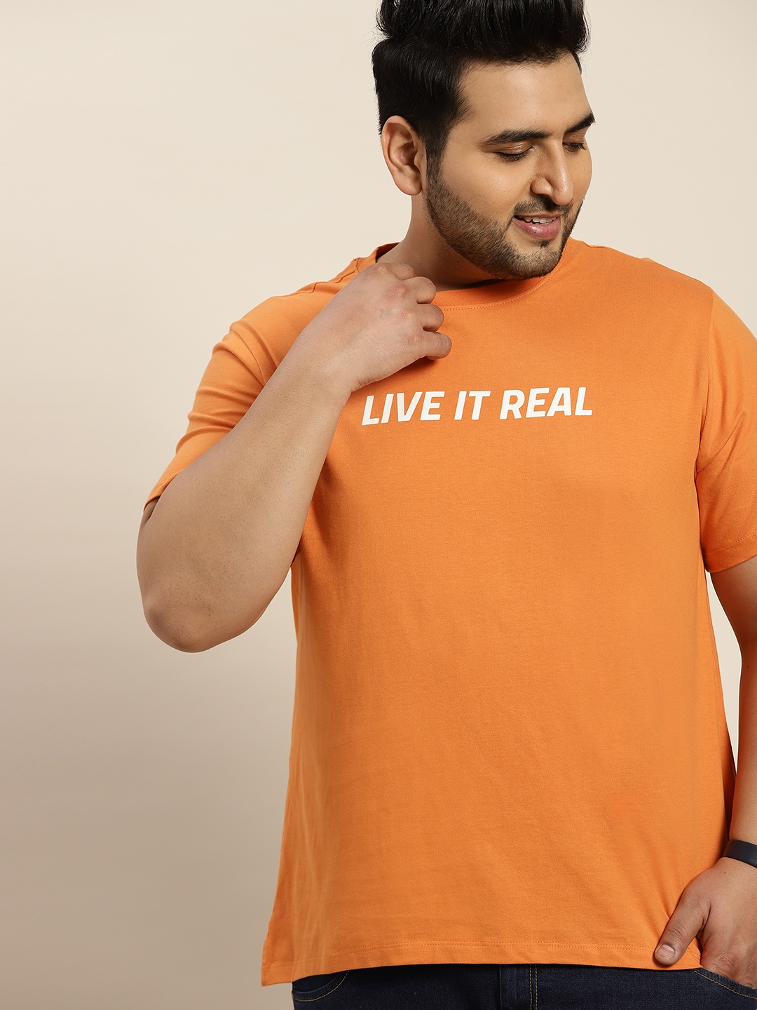 

Sztori Men Plus Size Orange & White Typography Printed Pure Cotton T-shirt