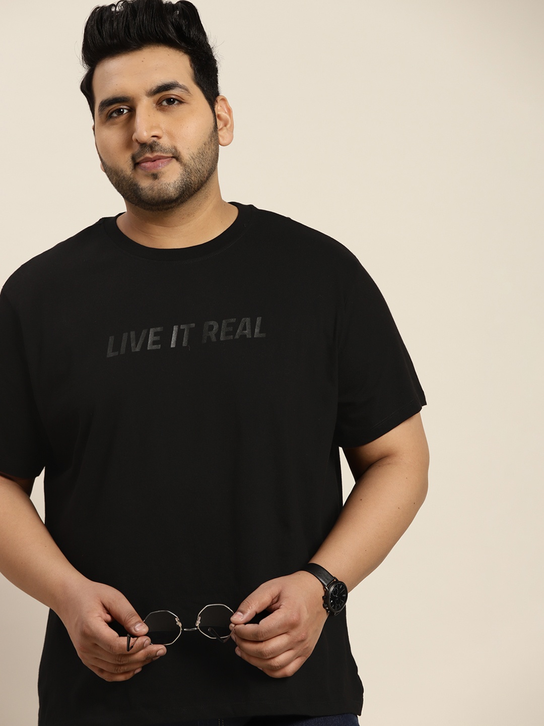 

Sztori Men Plus Size Black Typography Printed Pure Cotton T-shirt