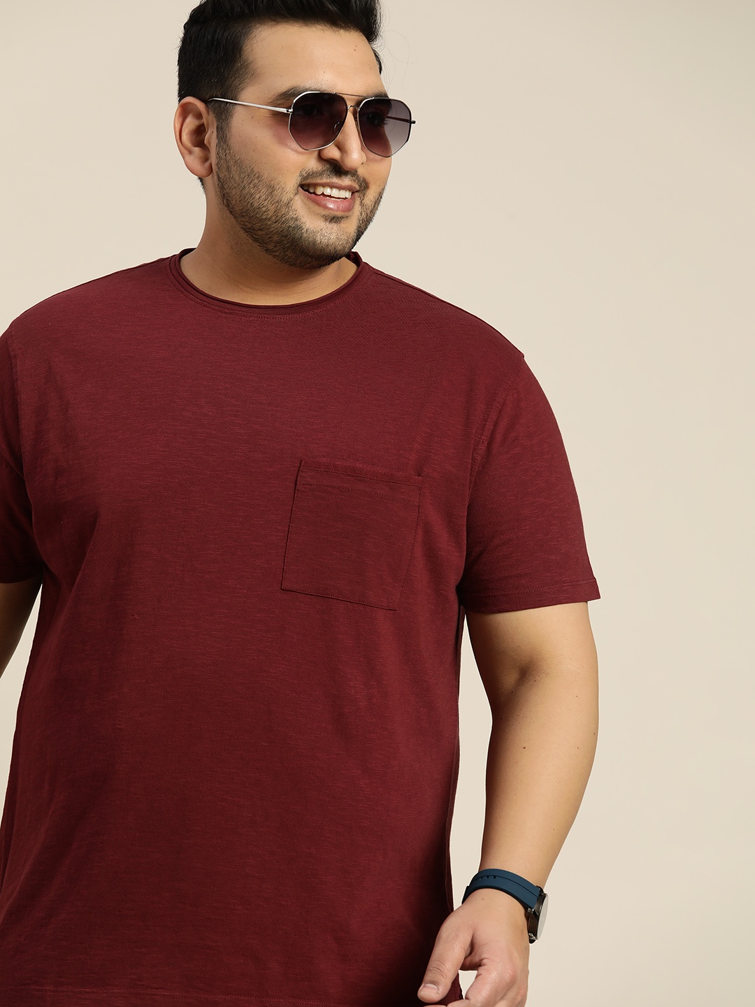 

Sztori Men Plus Size Maroon Melange Pure Cotton T-shirt