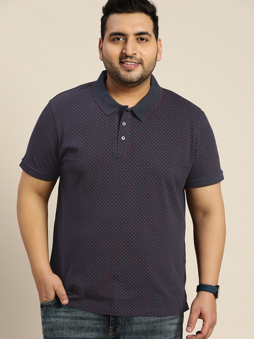 

Sztori Men Plus Size Navy Blue & Red Geometric Printed Polo Collar Pure Cotton T-shirt