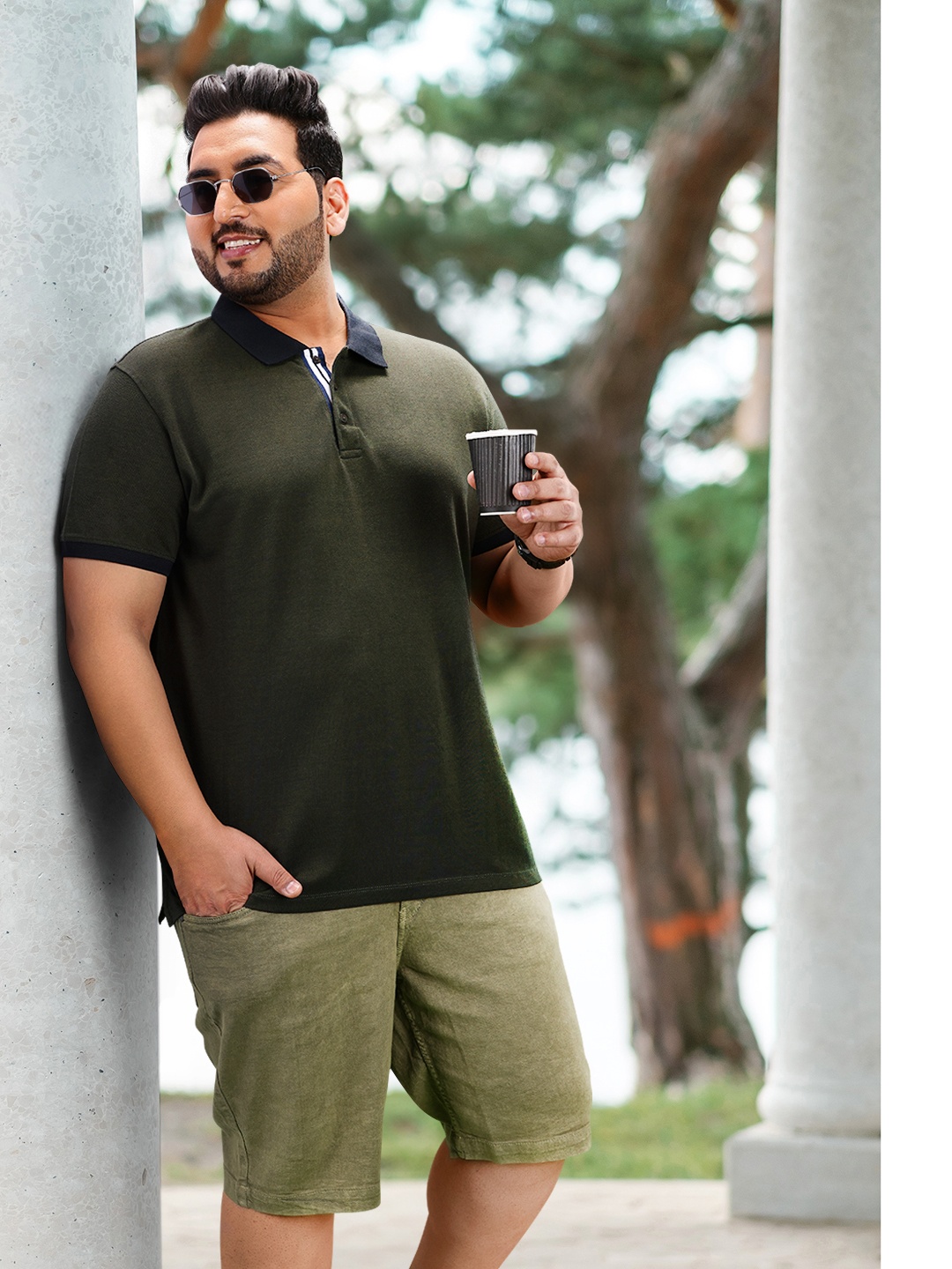 

Sztori Men Plus Size Olive Green Solid Pure Cotton Polo Collar T-shirt