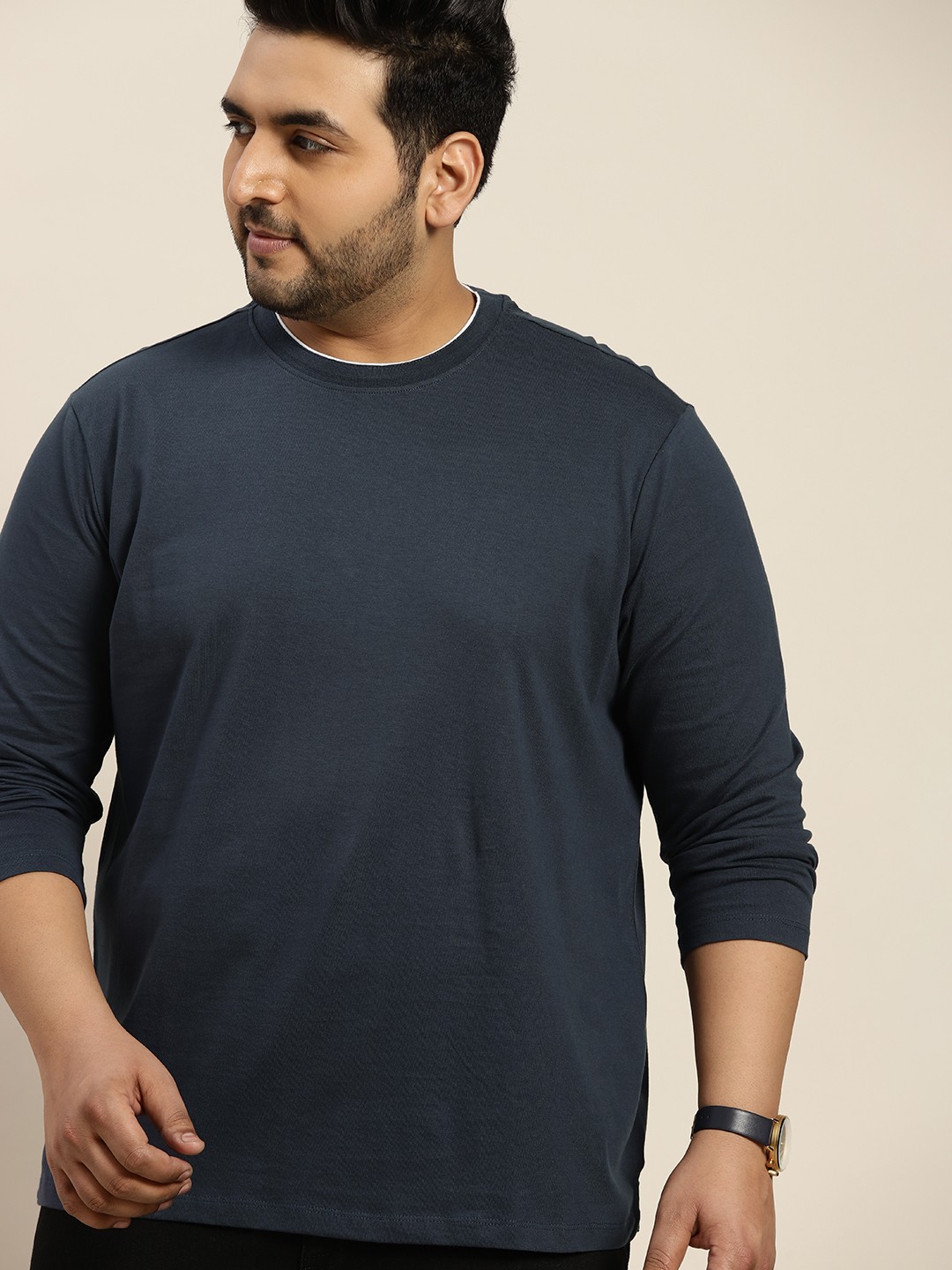 

Sztori Men Plus Size Navy Blue Solid Pure Cotton T-shirt