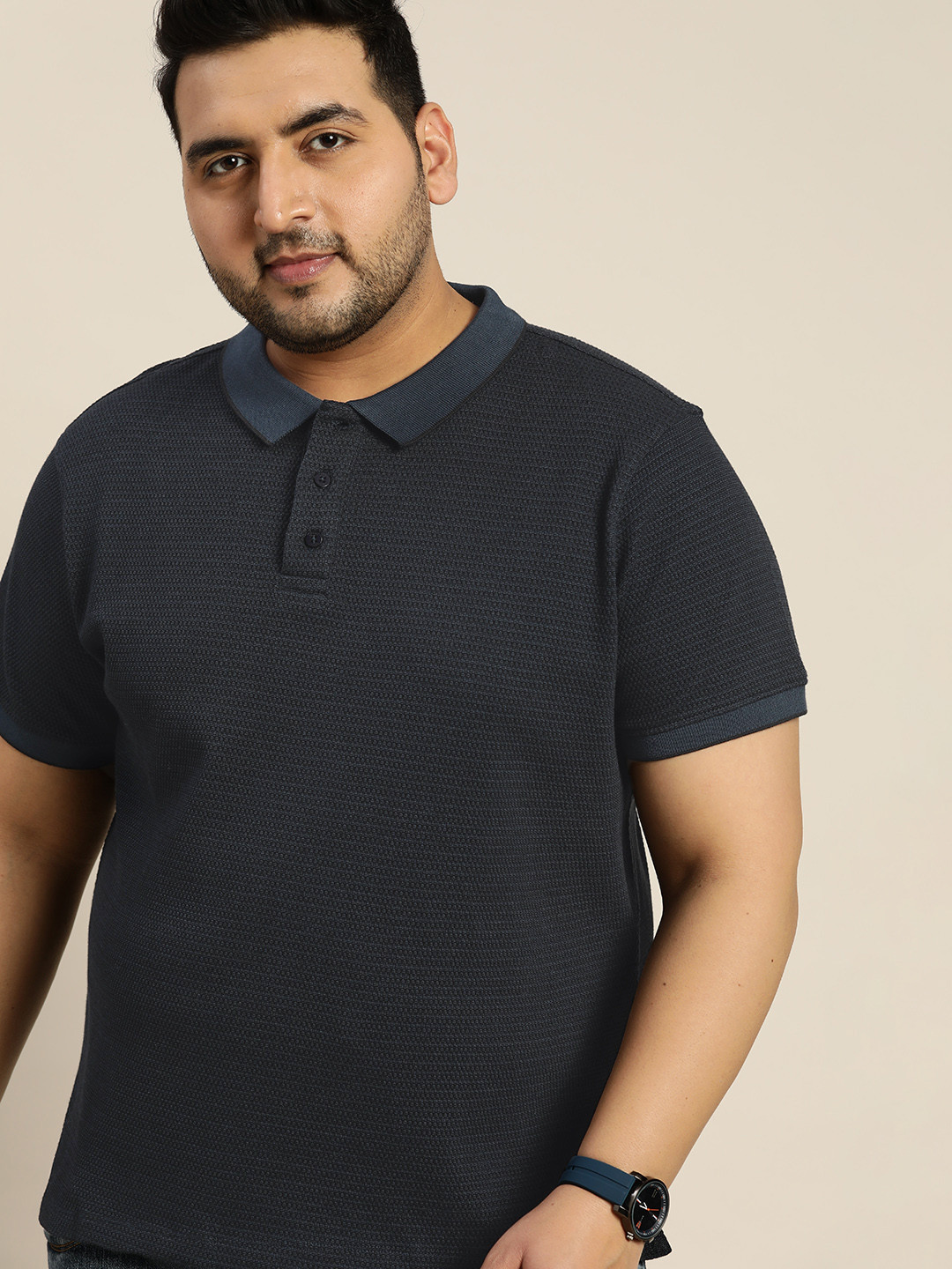 

Sztori Men Plus Size Navy Blue Self-Design Polo Collar Pure Cotton T-shirt