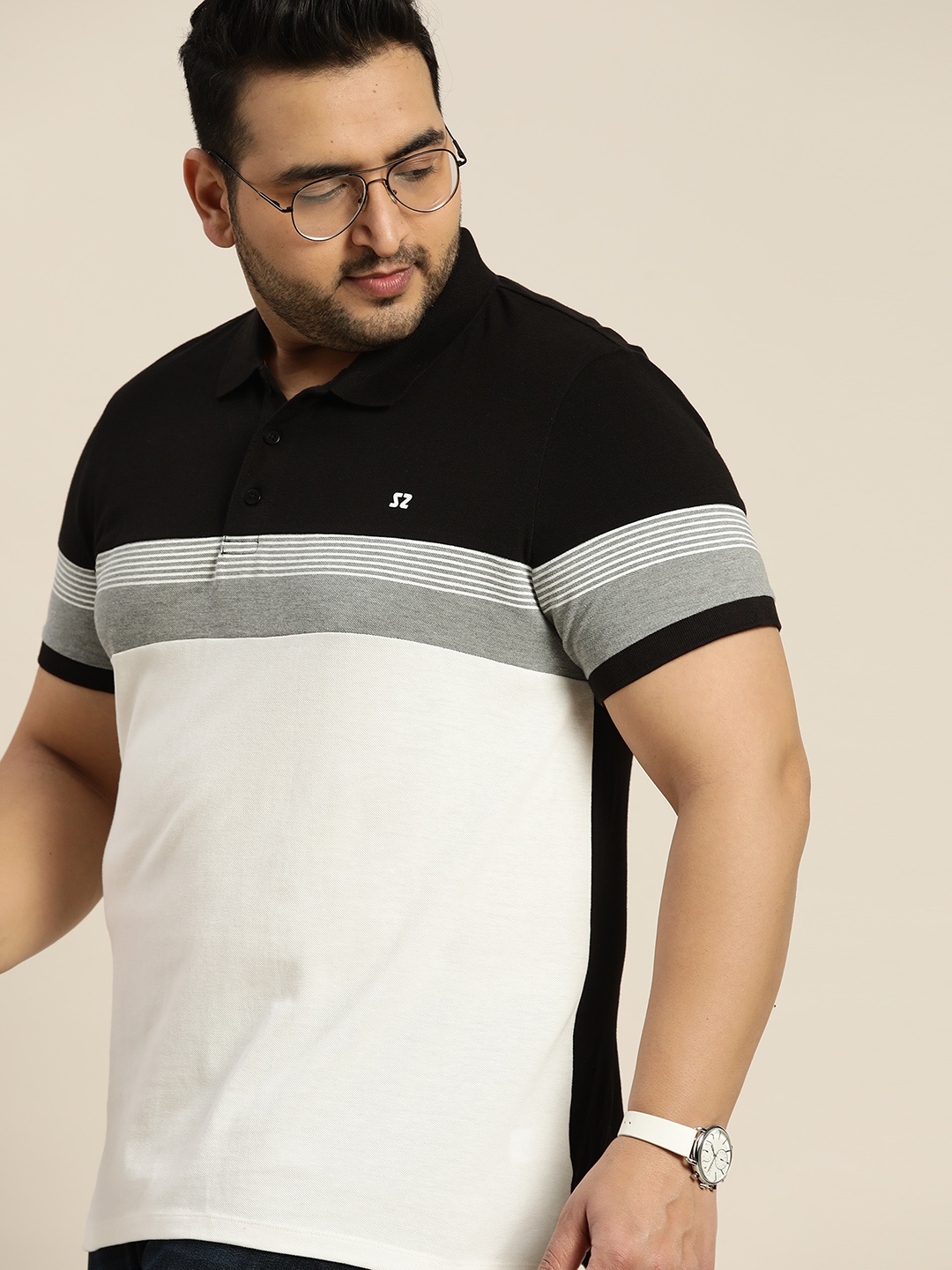

Sztori Men Plus Size Black & White Colourblocked Polo Collar Pure Cotton T-shirt