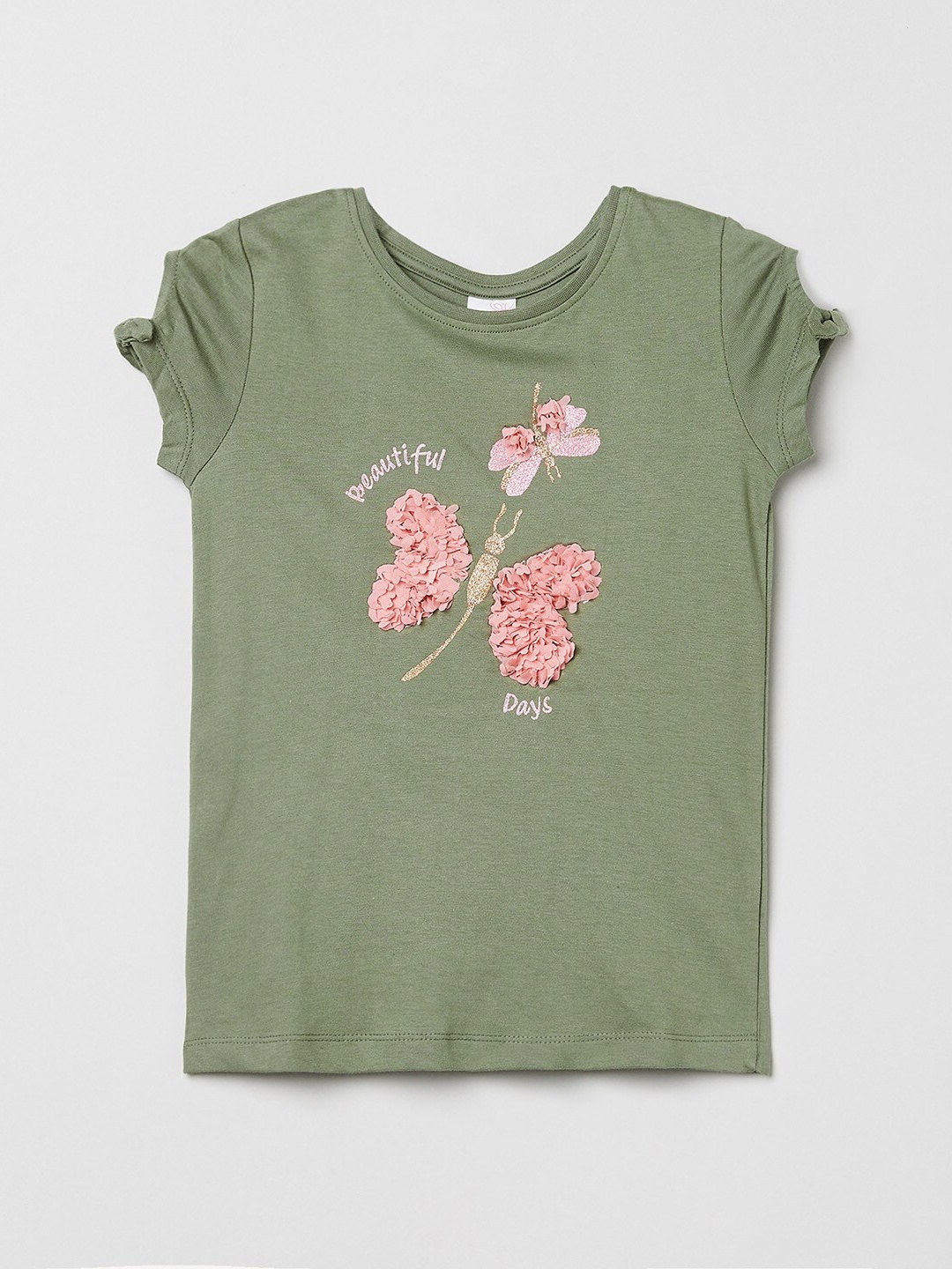 

max Girls Green & Pink Floral Embroidered Cotton Regular Top