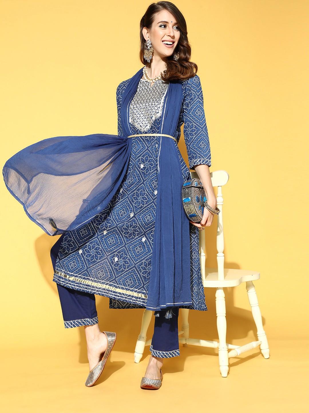 

Indo Era Bandhani Cotton Blend Indie Print Kurta Set, Navy blue