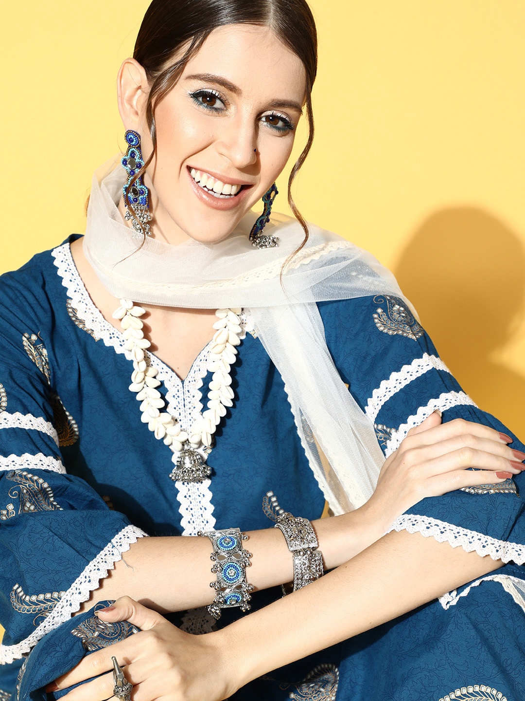 

Indo Era Printed Cotton Blend Kurta Set, Blue