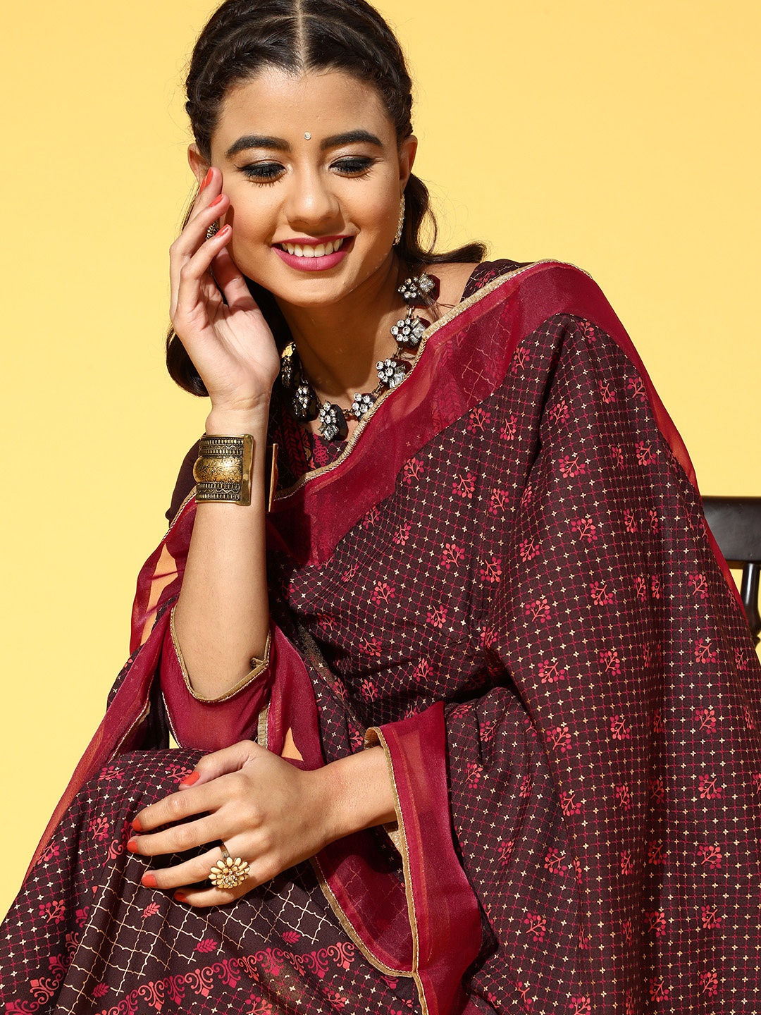 

Indo Era Floral Cotton Blend Kurta Set, Brown