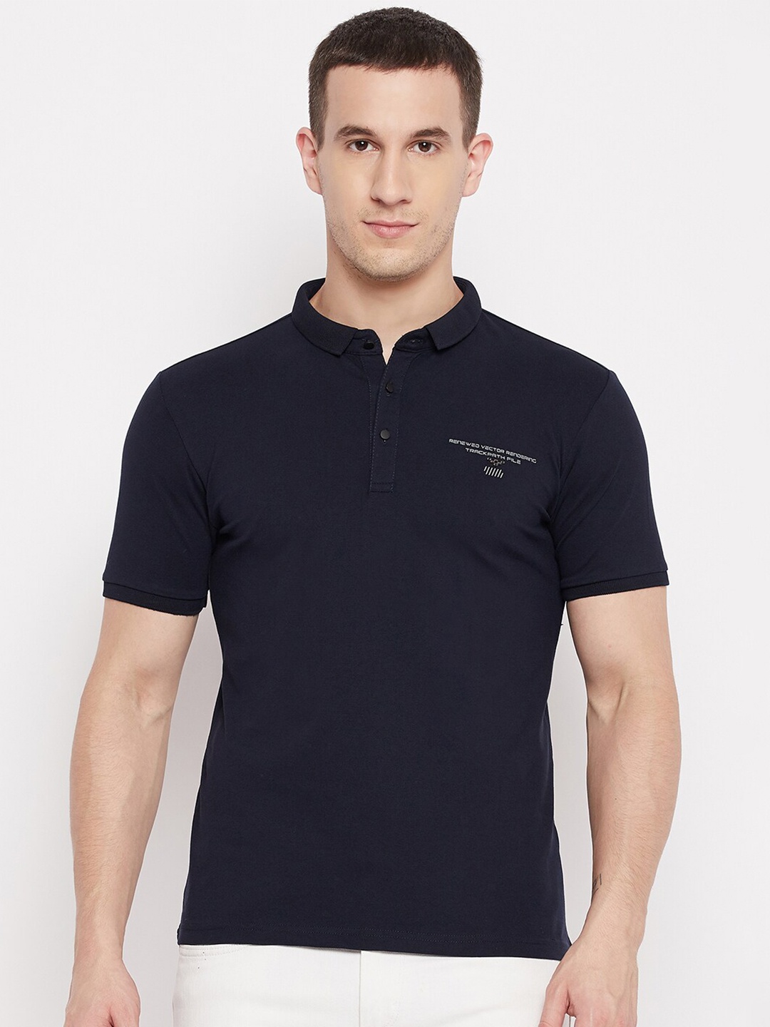 

QUBIC Men Navy Blue Polo Collar T-shirt