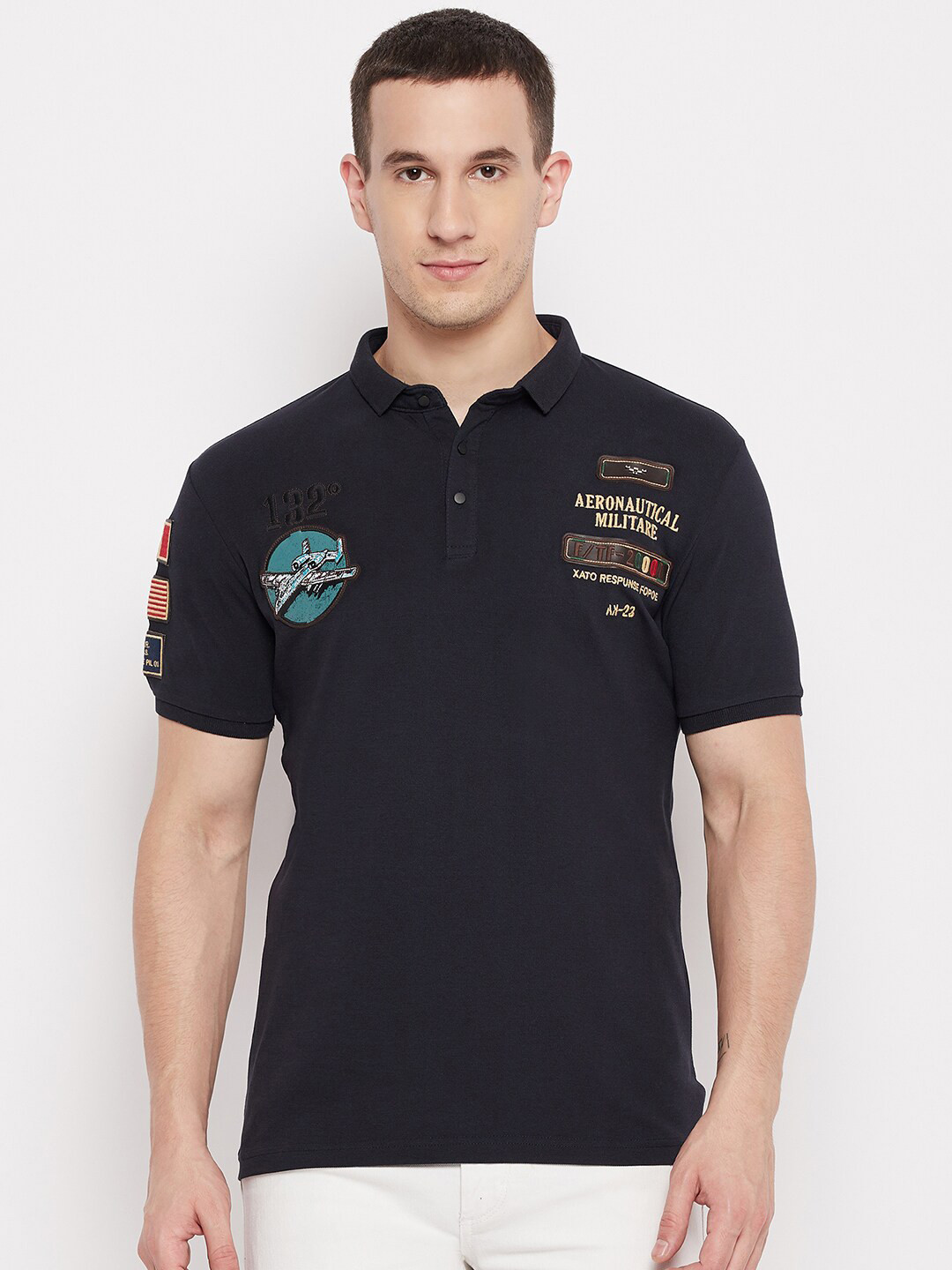 

QUBIC Men Navy Blue & Beige Typography Printed Polo Collar T-shirt