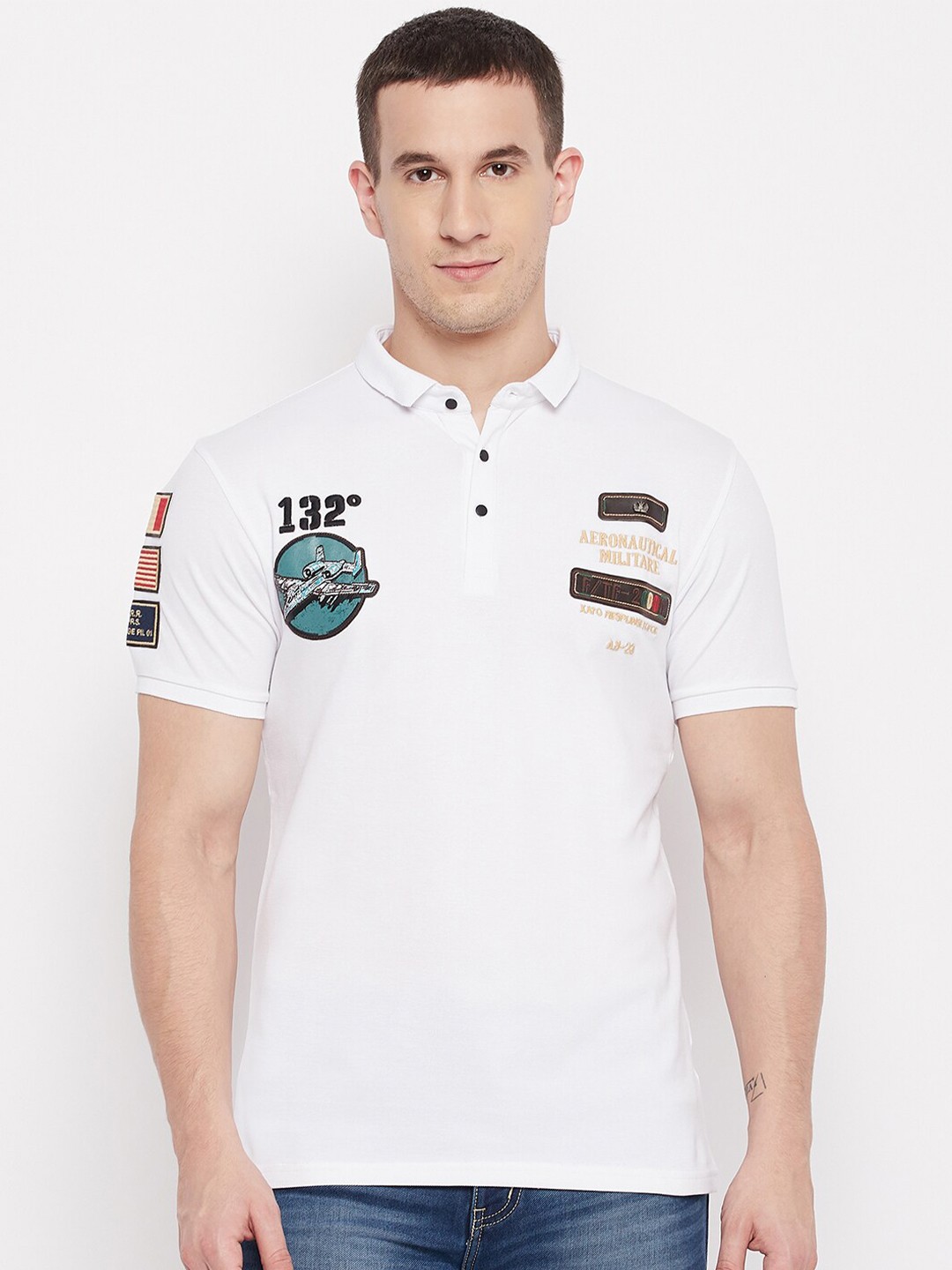 

QUBIC Men White & Brown Typography Printed Polo Collar Applique T-shirt