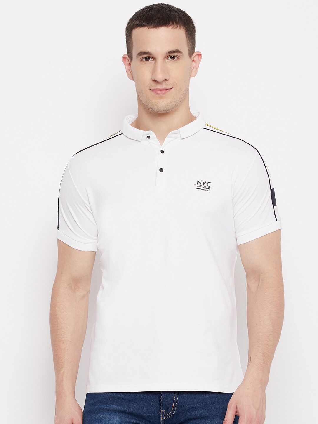 

QUBIC Men White Polo Collar T-shirt