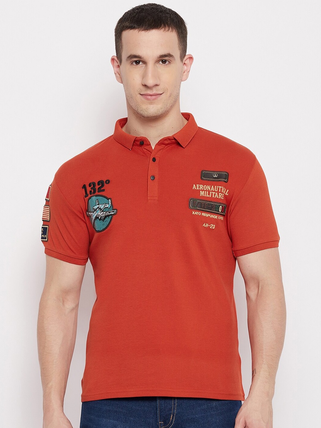 

QUBIC Men Rust Red Typography Printed Polo Collar Applique T-shirt