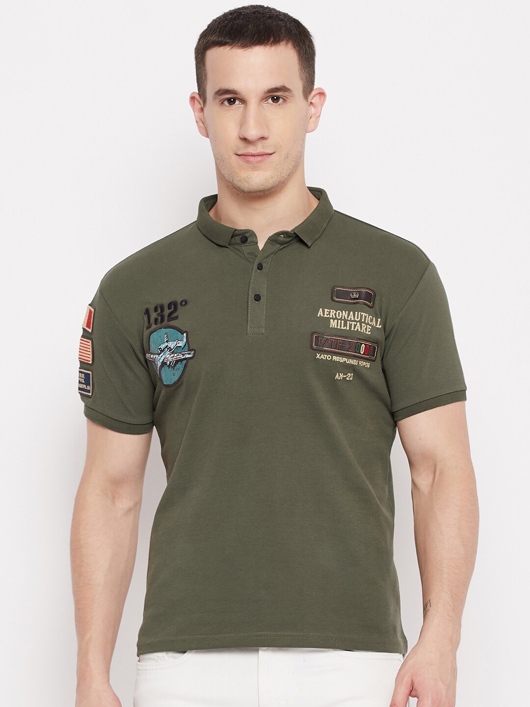 

QUBIC Men Olive Green Typography Printed Polo Collar Applique T-shirt