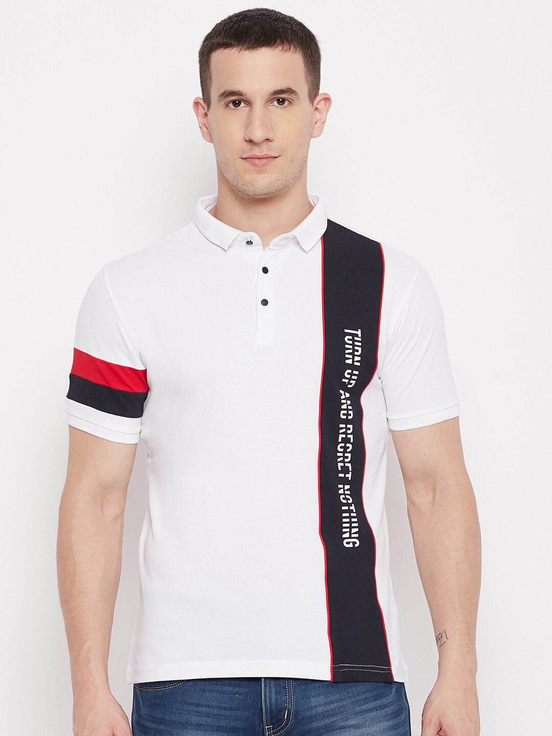 

QUBIC Men White & Black Colourblocked Polo Collar T-shirt