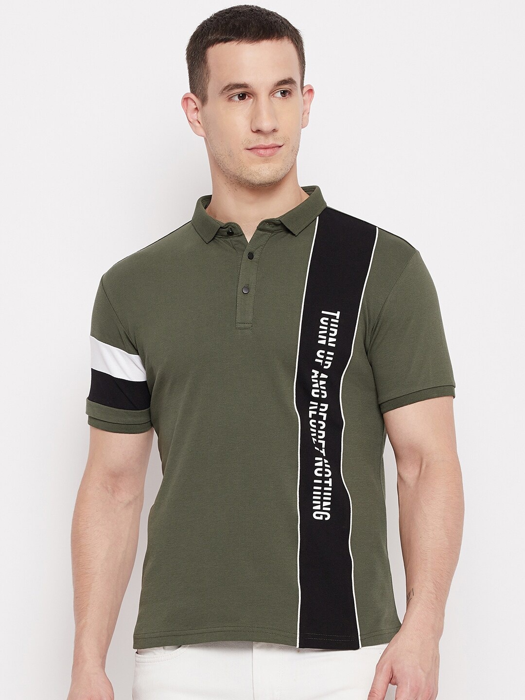 

QUBIC Men Olive Green & Black Colourblocked Polo Collar T-shirt