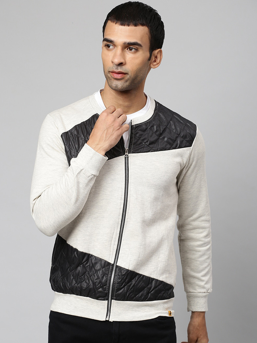 

Campus Sutra Men Cream-Coloured Black Colourblocked Windcheater Bomber Jacket