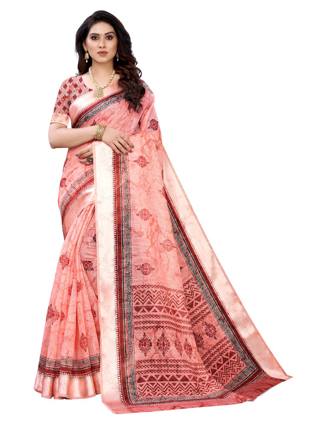 

KALINI Pink & Red Ethnic Motifs Saree
