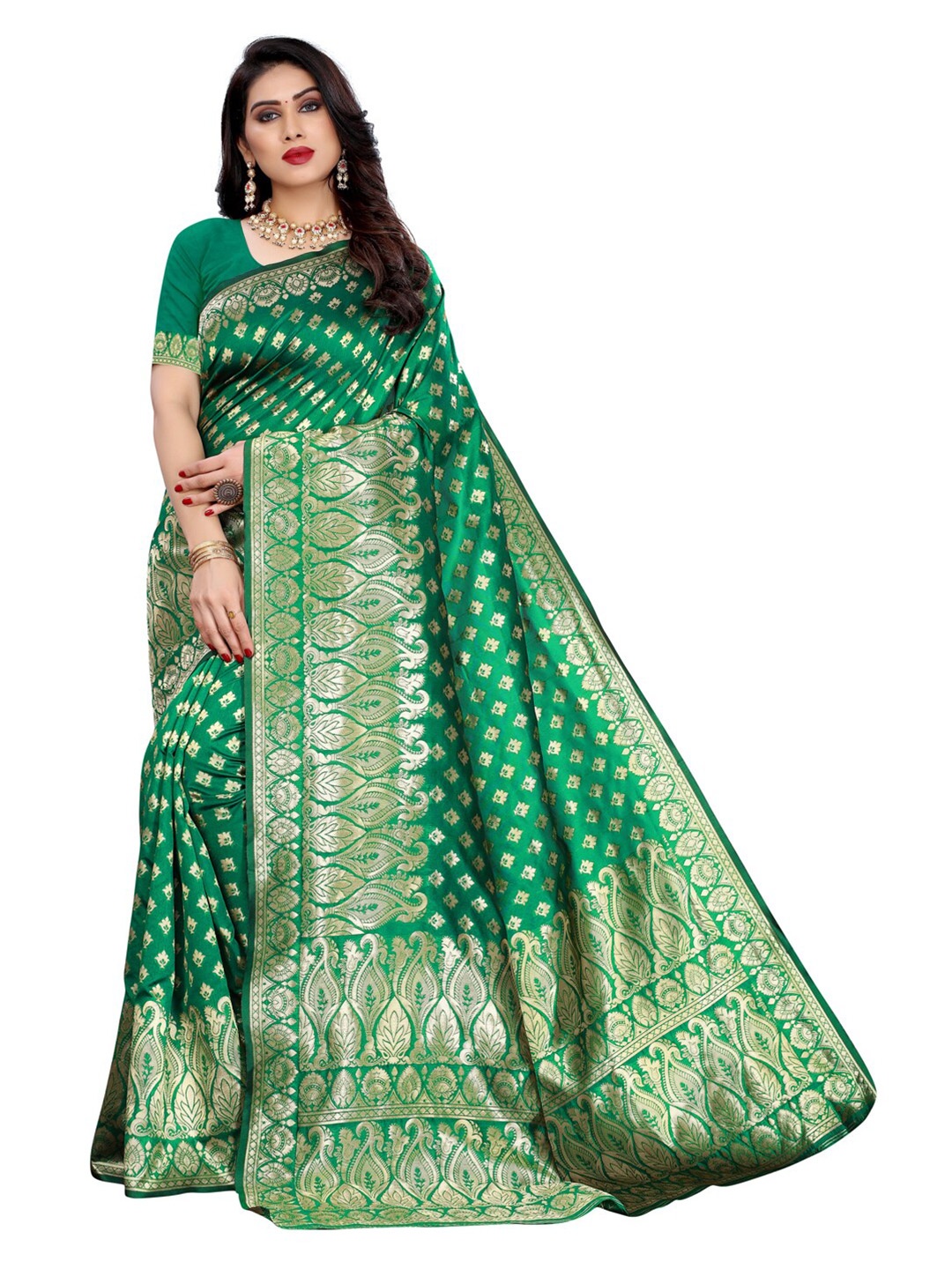 

KALINI Green & Gold-Toned Woven Design Zari Banarasi Saree