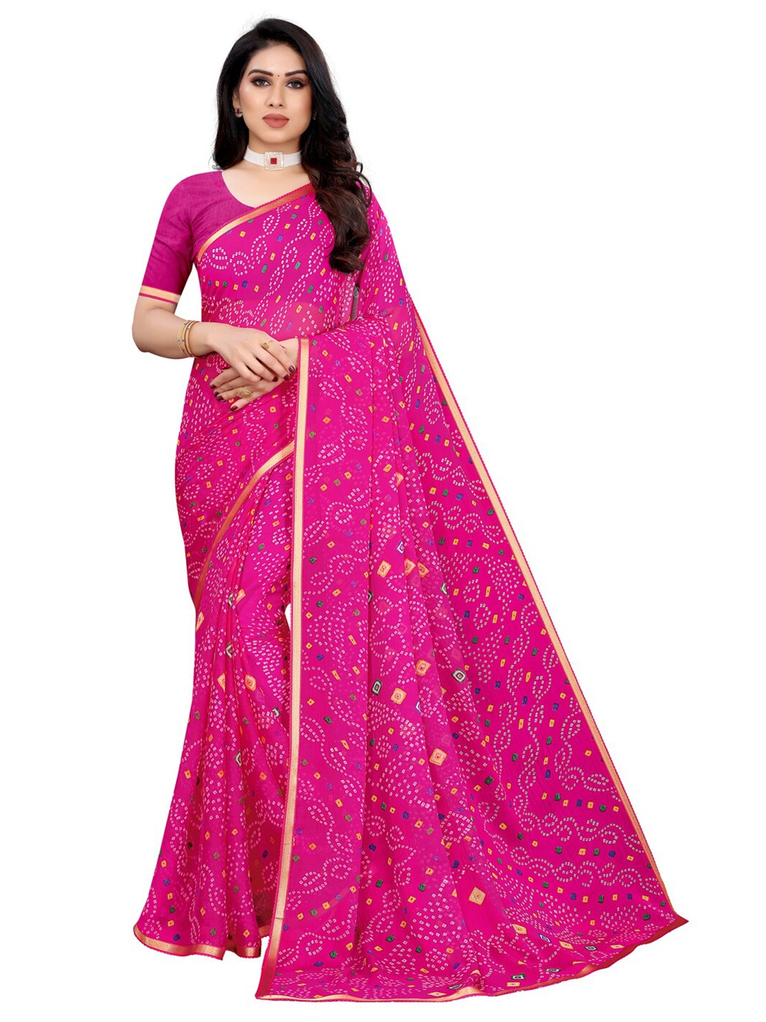 

KALINI Pink & White Bandhani Pure Chiffon Saree
