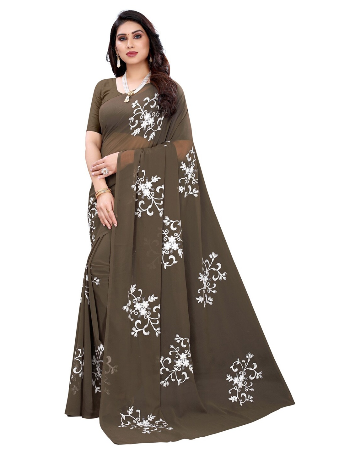 

KALINI Brown & White Floral Saree
