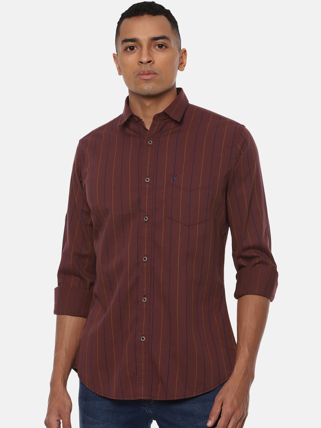 

VAN HEUSEN DENIM LABS Men Maroon Slim Fit Opaque Striped Casual Shirt