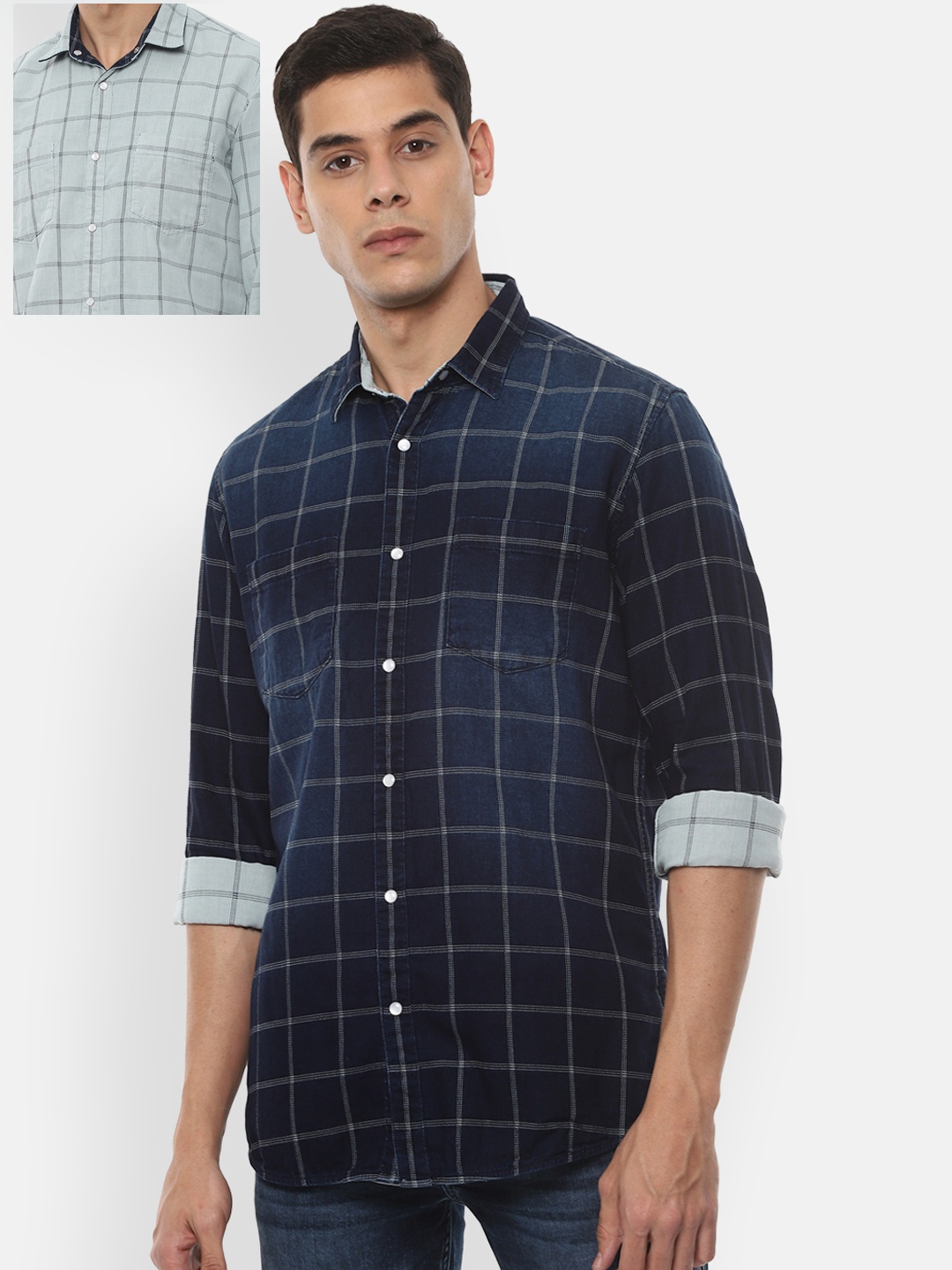 

VAN HEUSEN DENIM LABS Men Blue Slim Fit Reversible Checked Pure Cotton Casual Shirt, Navy blue