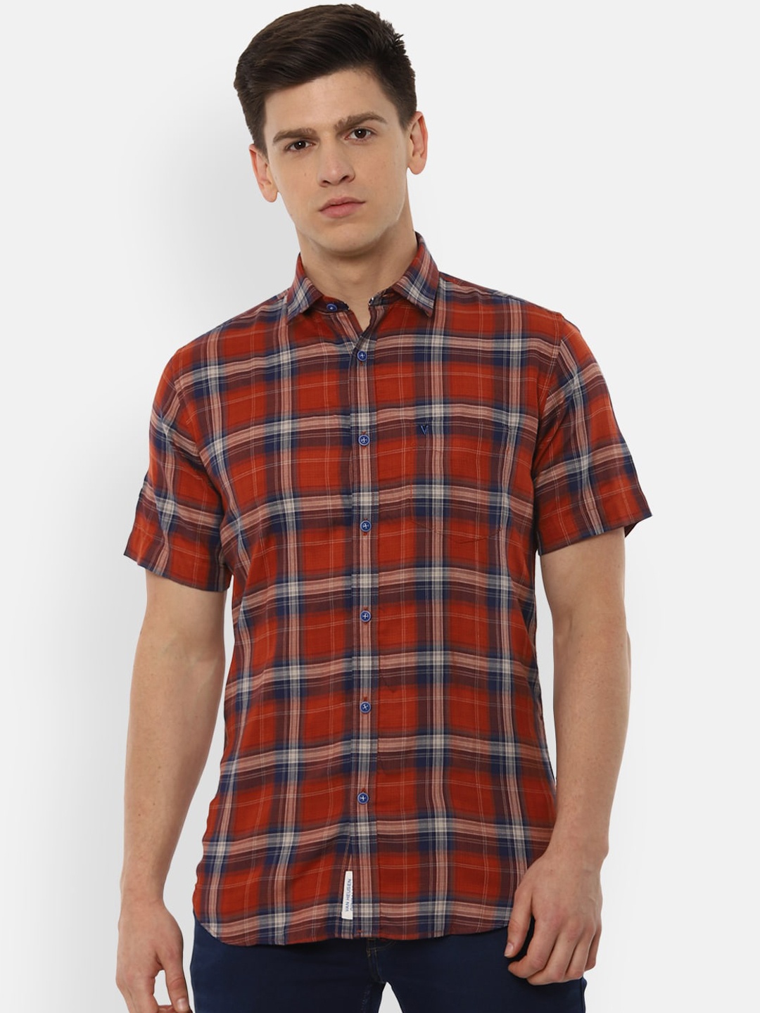 

VAN HEUSEN DENIM LABS Men Red Slim Fit Tartan Checks Opaque Checked Casual Shirt