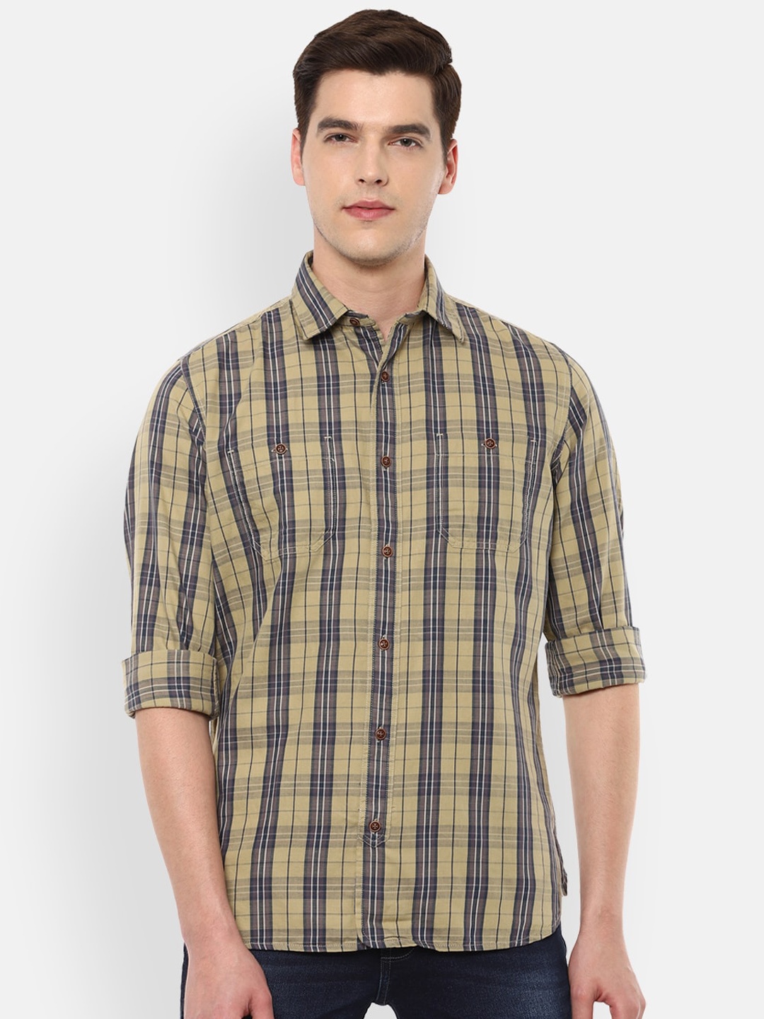 

VAN HEUSEN DENIM LABS Men Khaki Tartan Checks Opaque Checked Casual Shirt