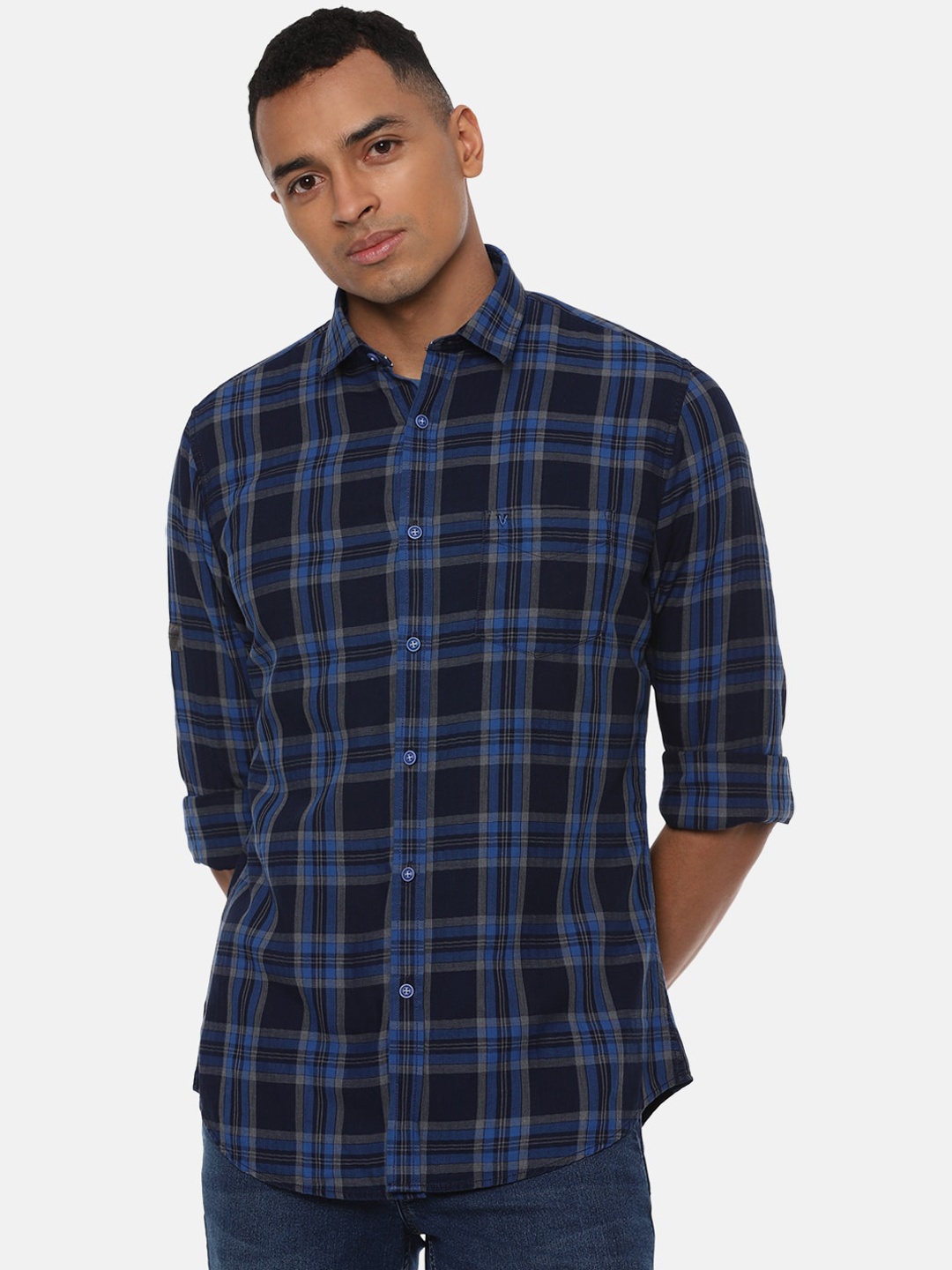

VAN HEUSEN DENIM LABS Men Navy Blue Slim Fit Tartan Checks Opaque Checked Casual Shirt