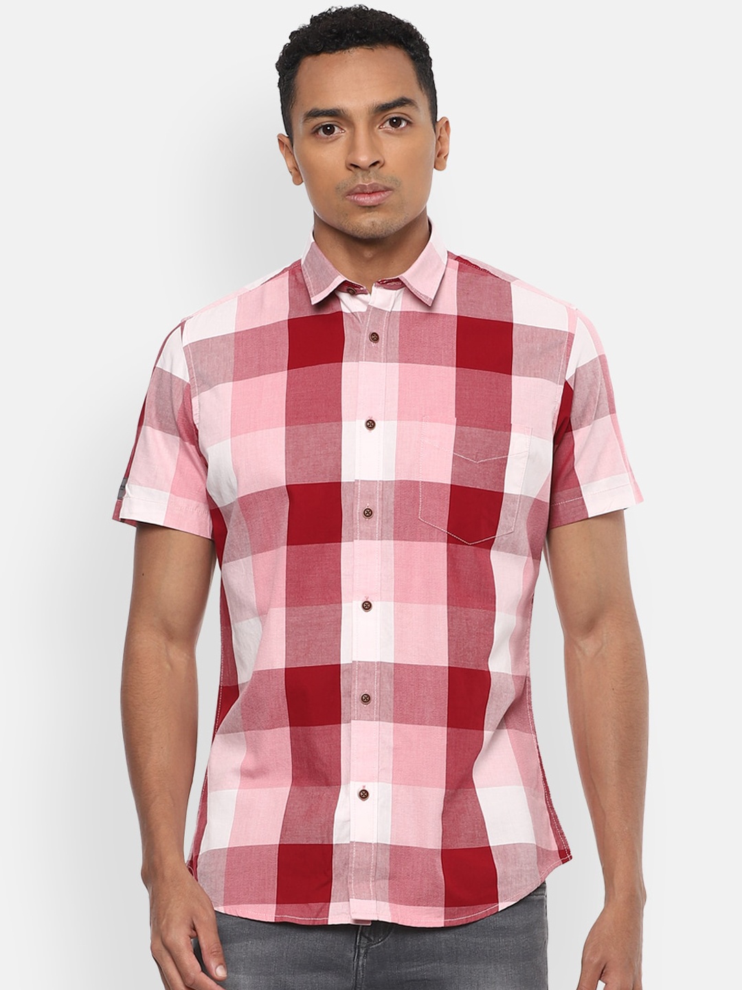 

VAN HEUSEN DENIM LABS Men Red Slim Fit Opaque Checked Casual Shirt