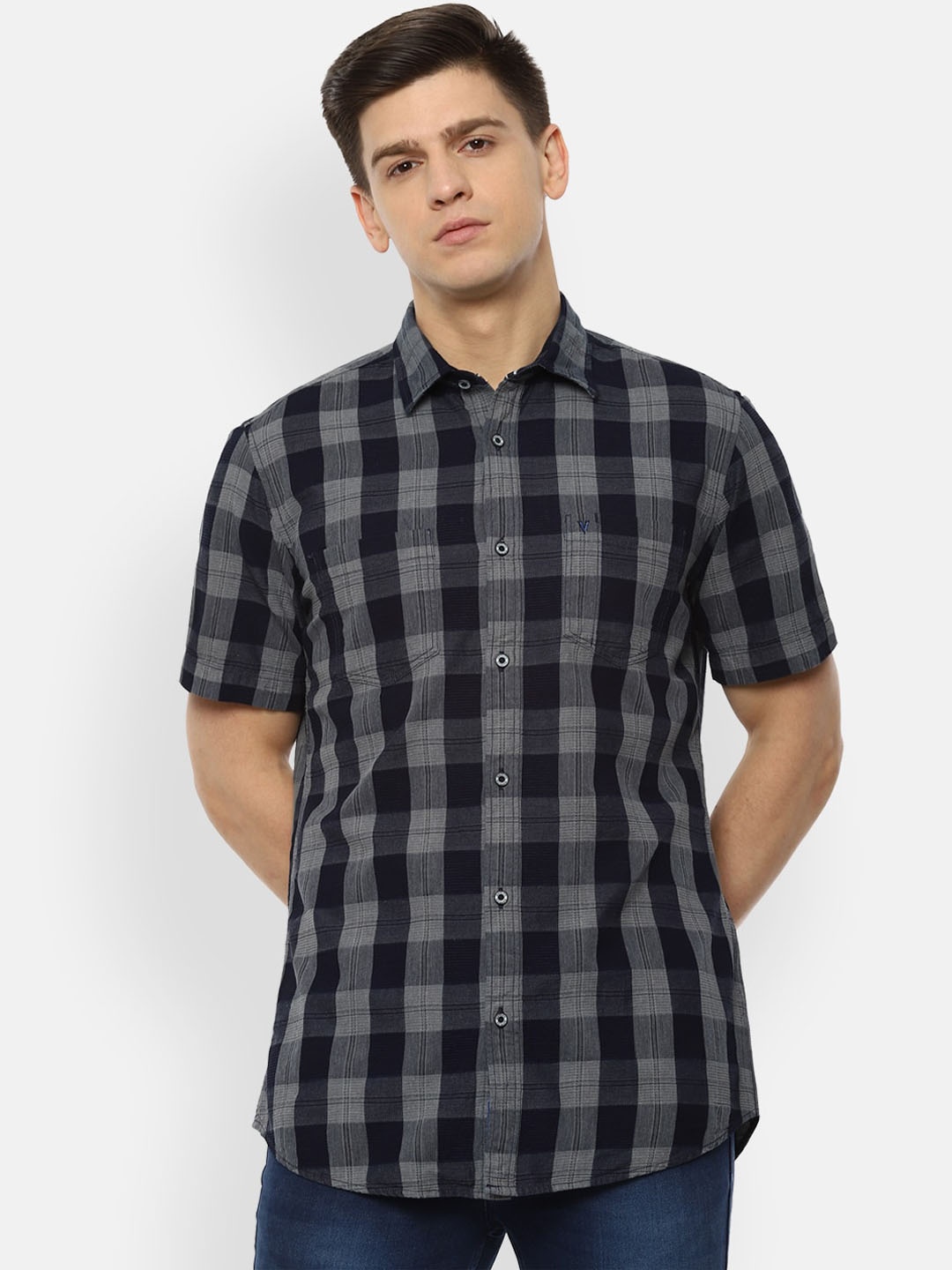 

VAN HEUSEN DENIM LABS Men Navy Blue Slim Fit Buffalo Checks Opaque Checked Casual Shirt