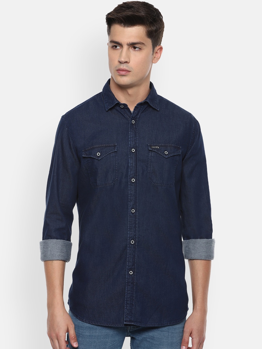 

VAN HEUSEN DENIM LABS Men Navy Blue Slim Fit Opaque Casual Shirt