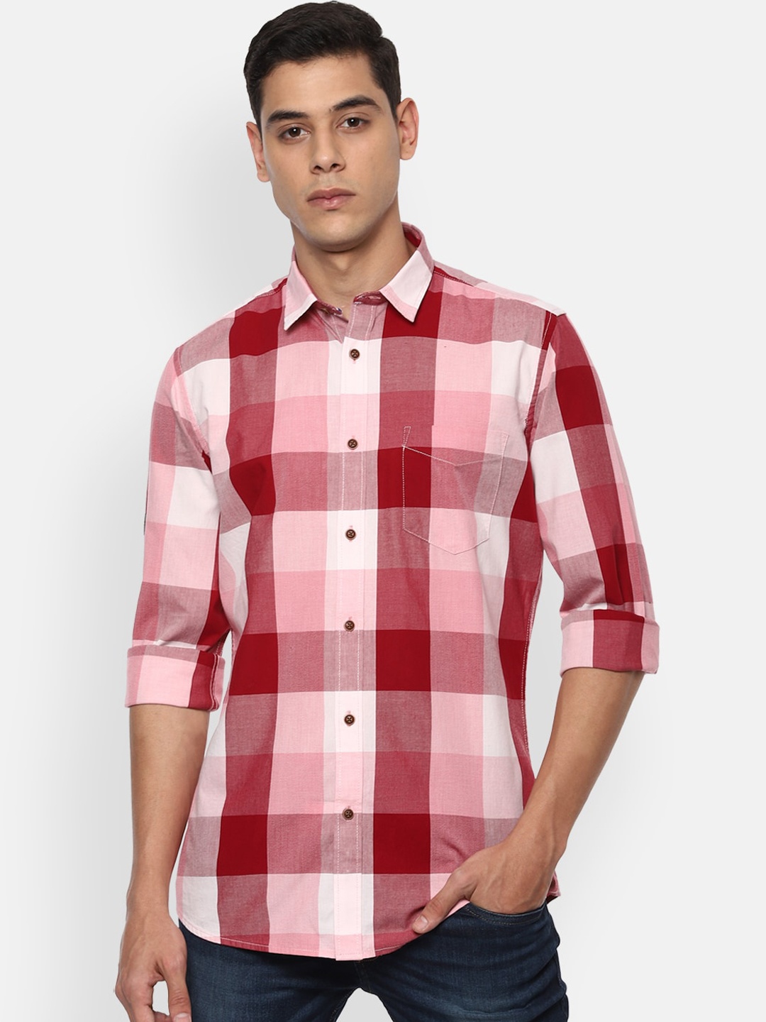 

VAN HEUSEN DENIM LABS Men Red & White Slim Fit Opaque Checked Casual Shirt