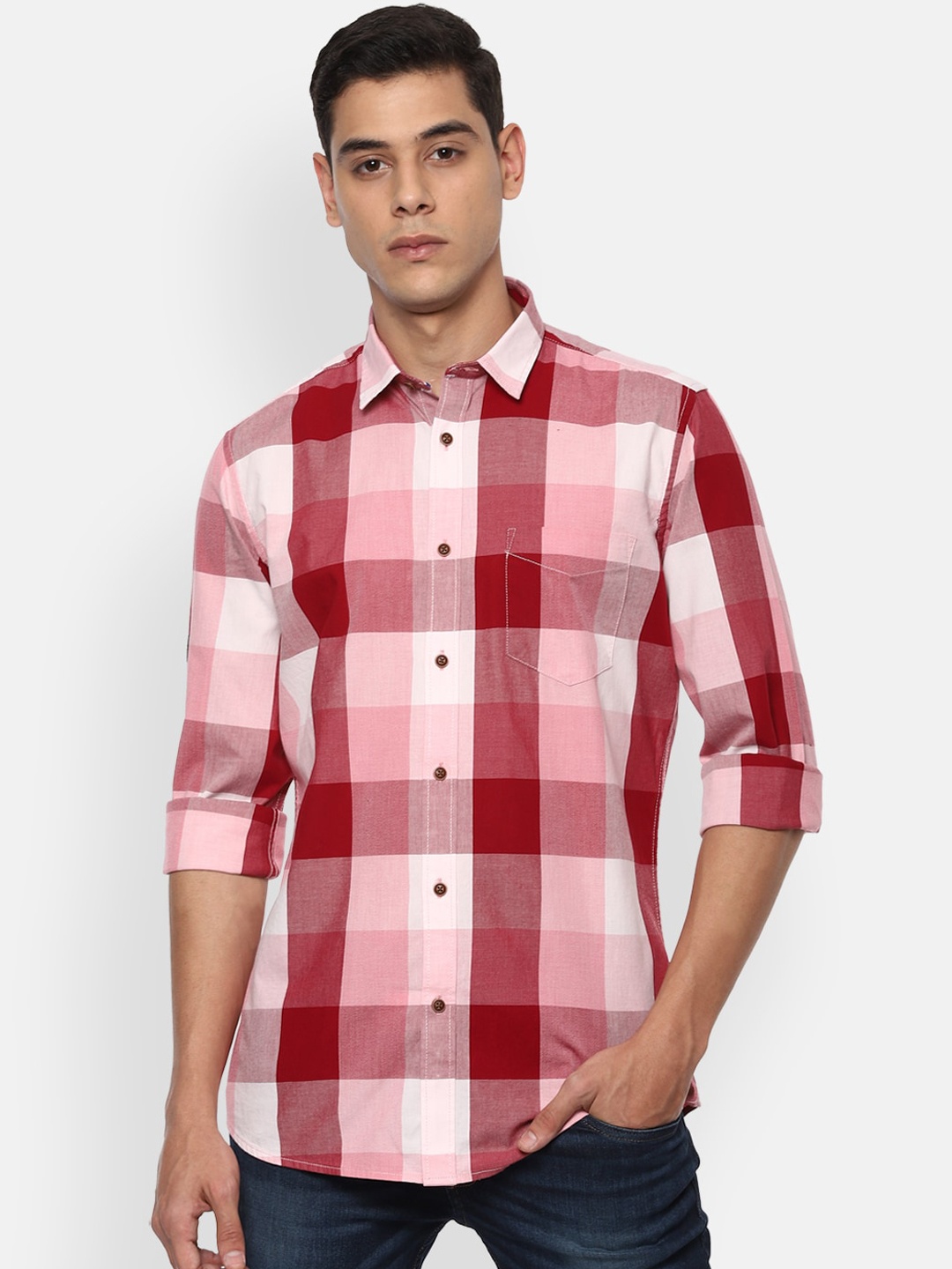 

VAN HEUSEN DENIM LABS Men Red & White Slim Fit Opaque Checked Casual Shirt