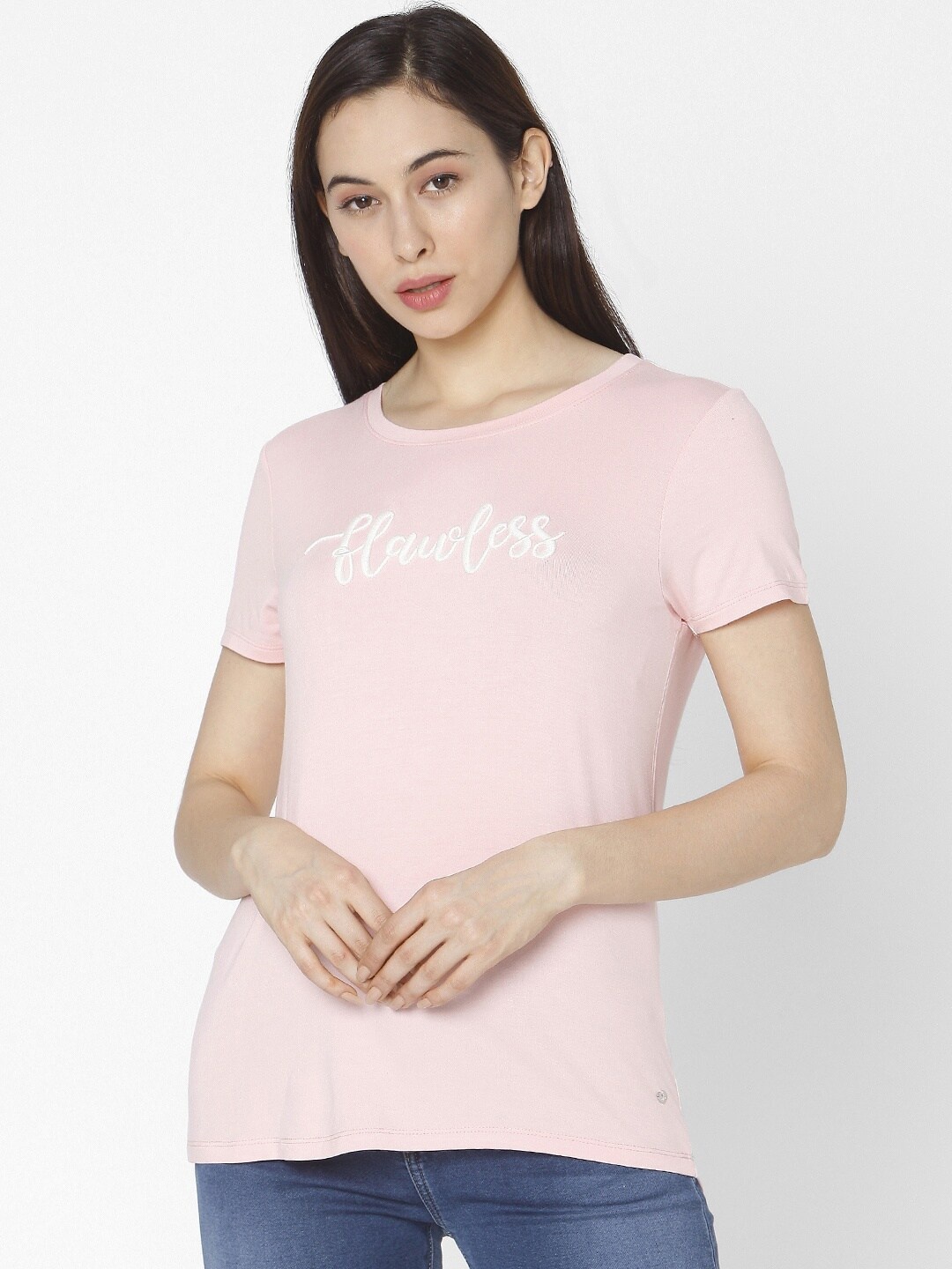 

SPYKAR Women Pink Typography Printed Slim Fit T-shirt
