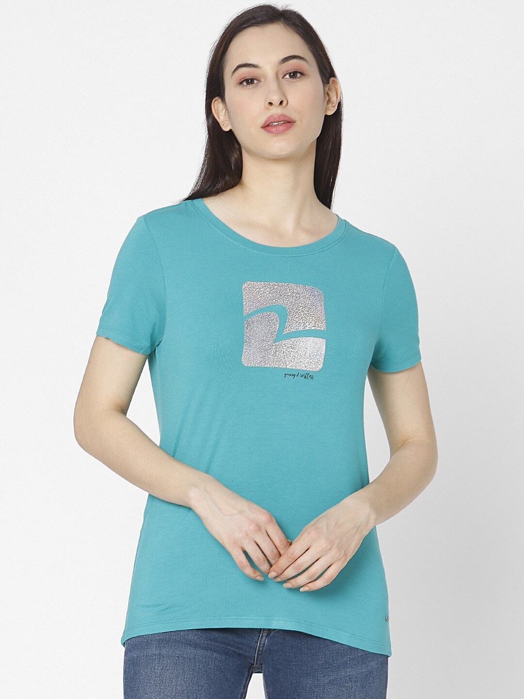 

SPYKAR Women Green & Silver-Toned Brand Logo Printed Pure Cotton Slim Fit T-shirt