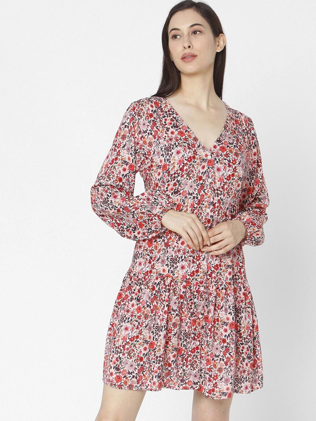 

SPYKAR Pink & Red Floral Cotton A-Line Dress