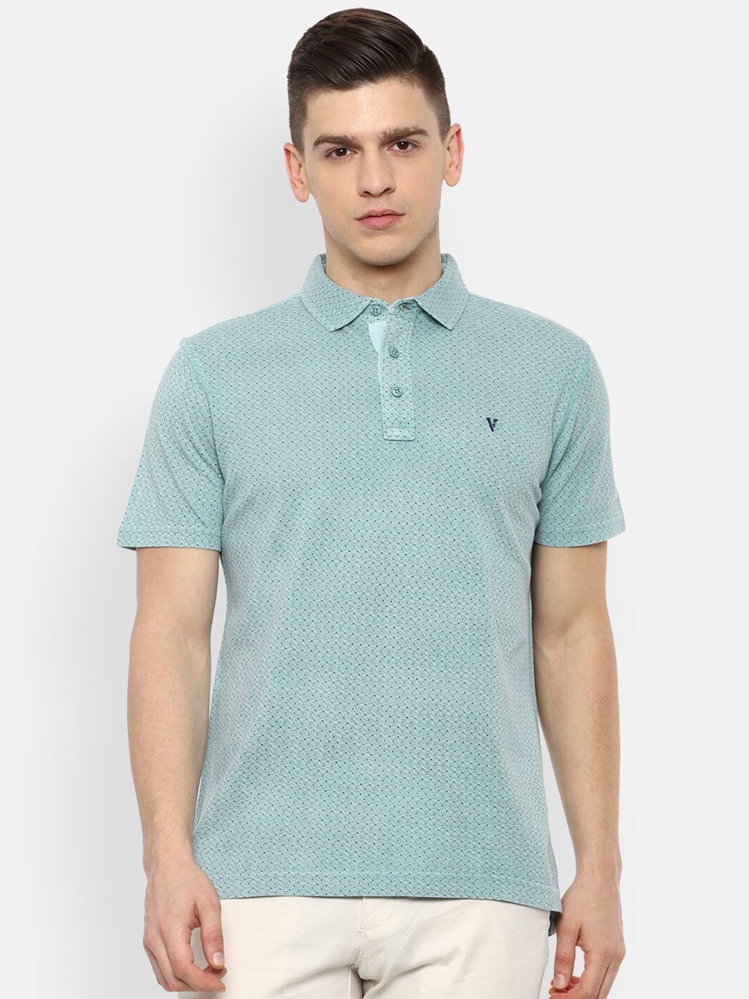 

VAN HEUSEN DENIM LABS Men Blue Printed Polo Collar Pure Cotton T-shirt