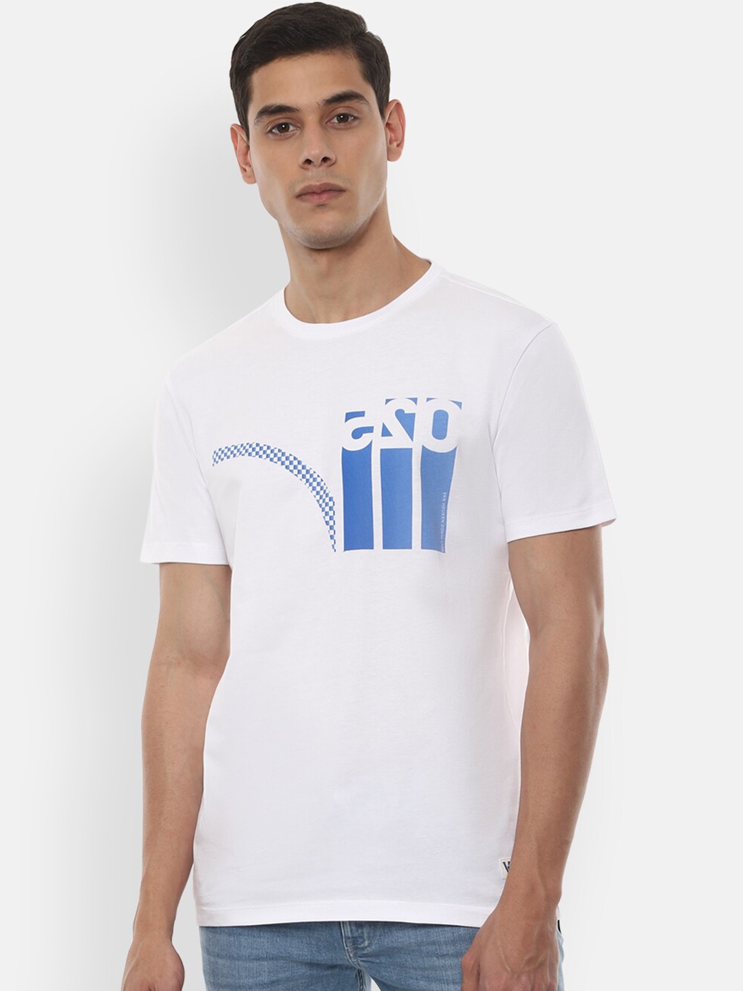 

VAN HEUSEN DENIM LABS Men White Blue Typography Cotton Printed Pure Cotton T-shirt