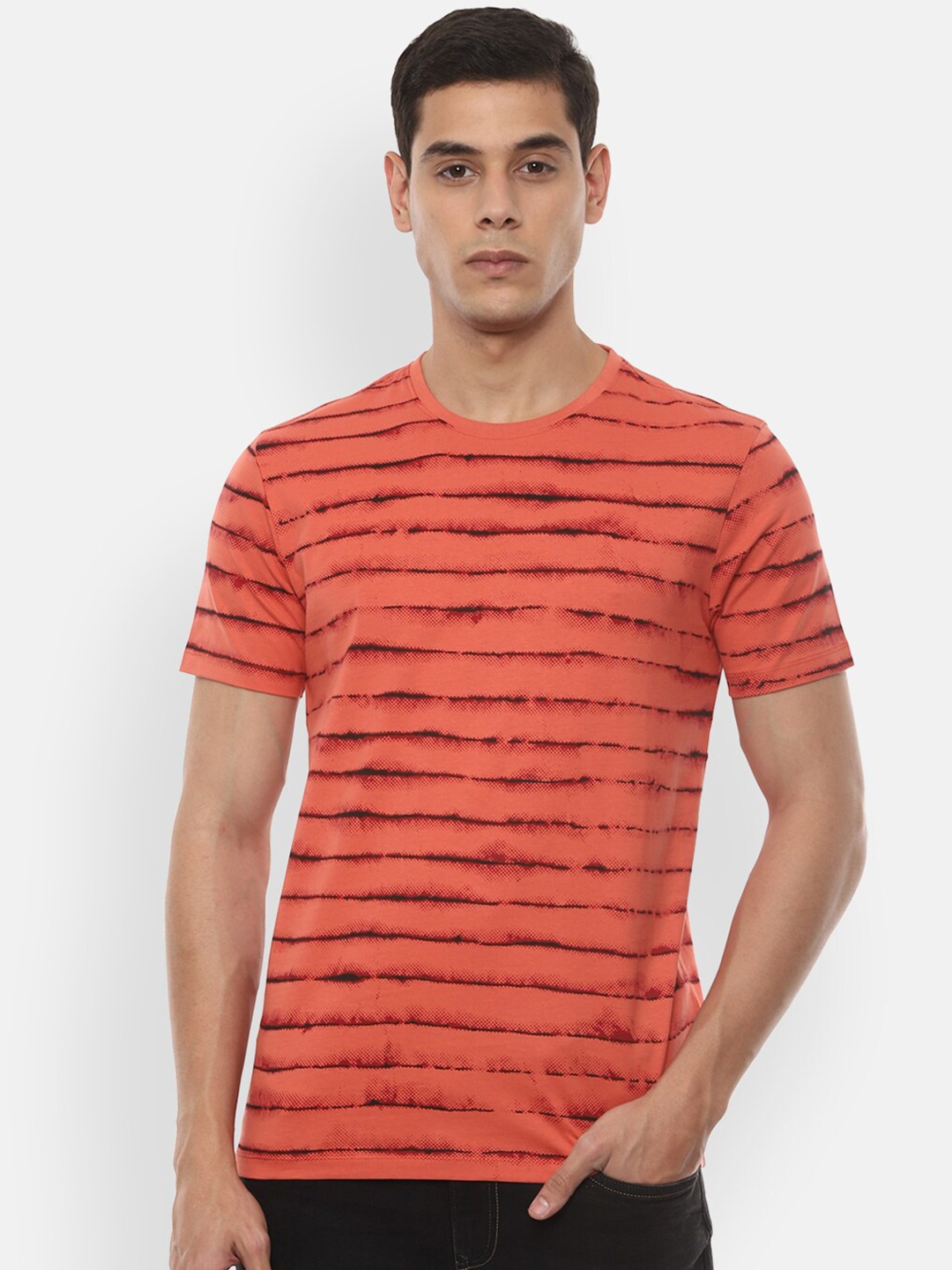 

VAN HEUSEN DENIM LABS Men Orange Black Printed Cotton Pure Cotton T-shirt