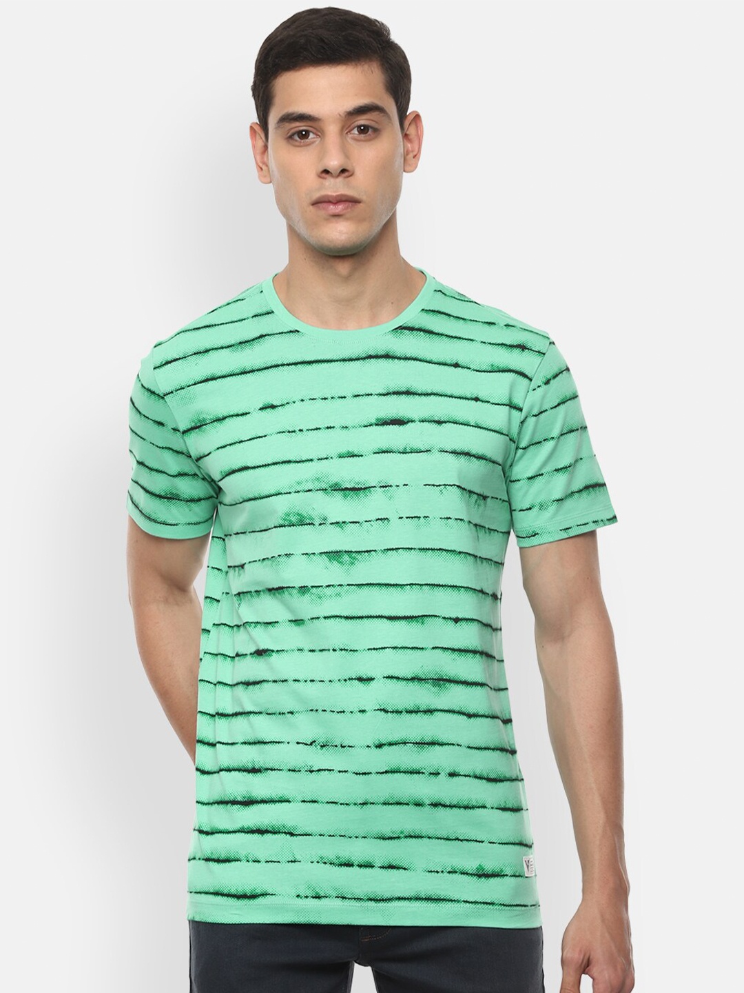 

VAN HEUSEN DENIM LABS Men Green Black Striped Cotton Pure Cotton T-shirt